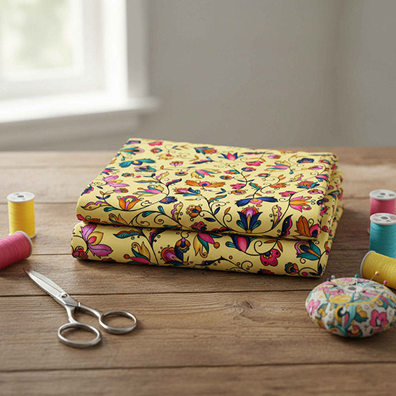 Copper Prairie Petals Yellow Satin Fabric