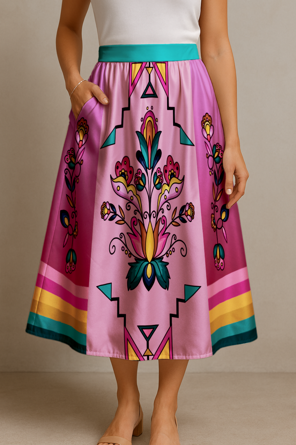 Copper Prairie Petals V2 Elastic Waist Pocket Midi Skirt