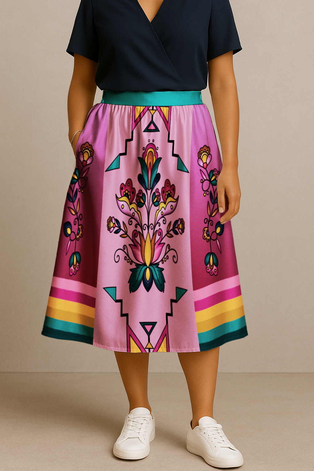 Copper Prairie Petals V2 Elastic Waist Pocket Midi Skirt