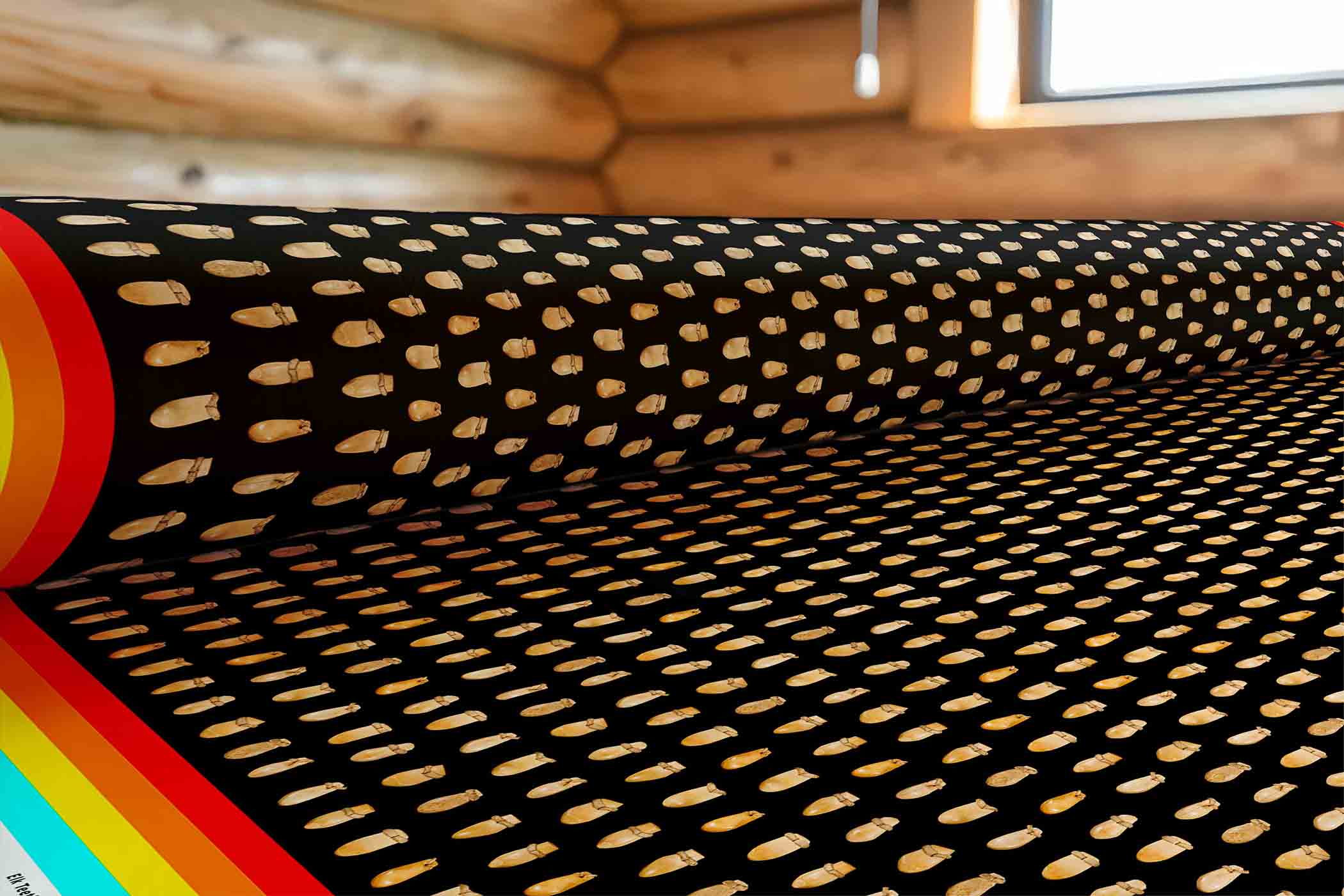 Elk Teeth on Black Satin Fabric By the Yard