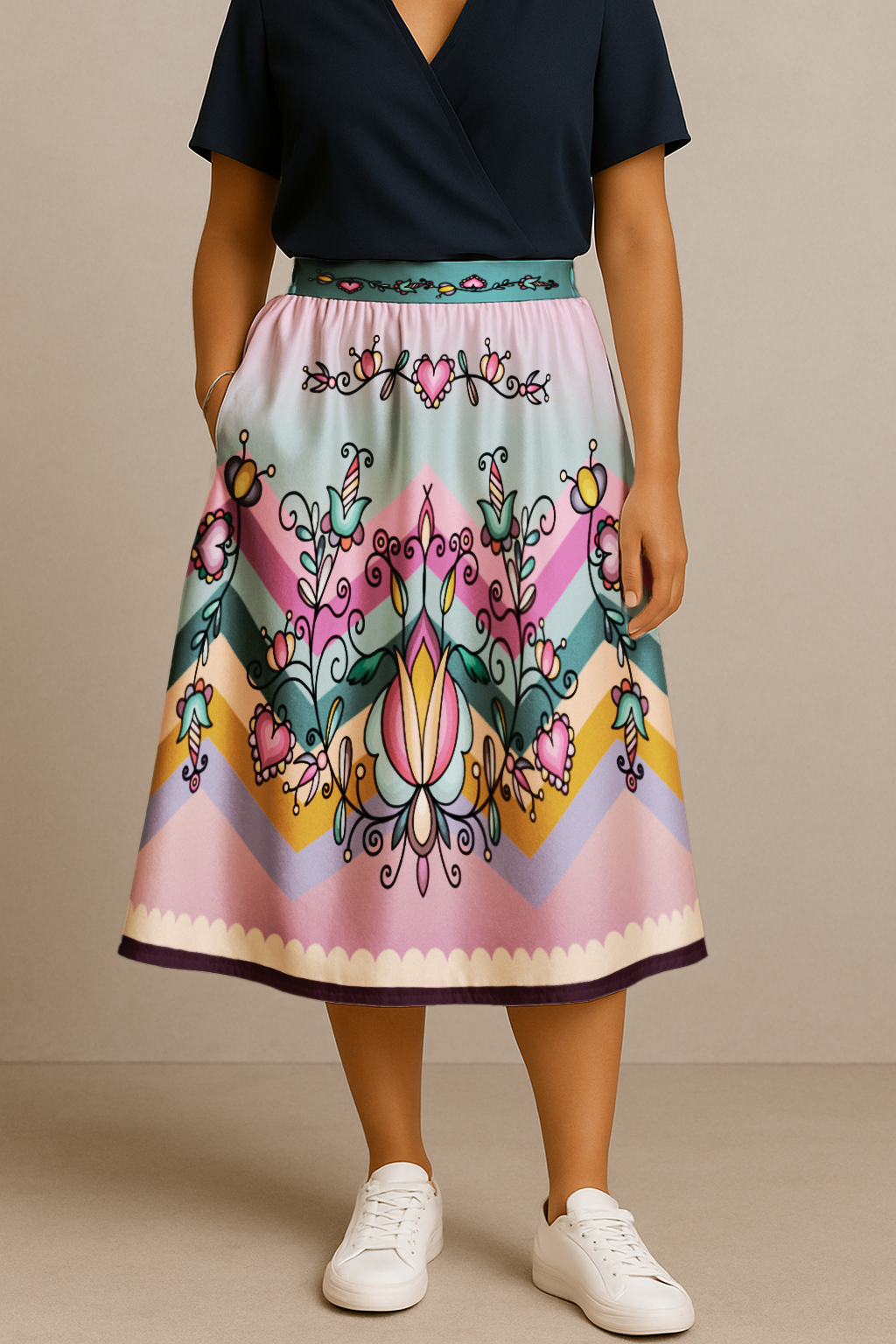 Harvest Hearth Floral Elastic Waist Pocket Midi Skirt