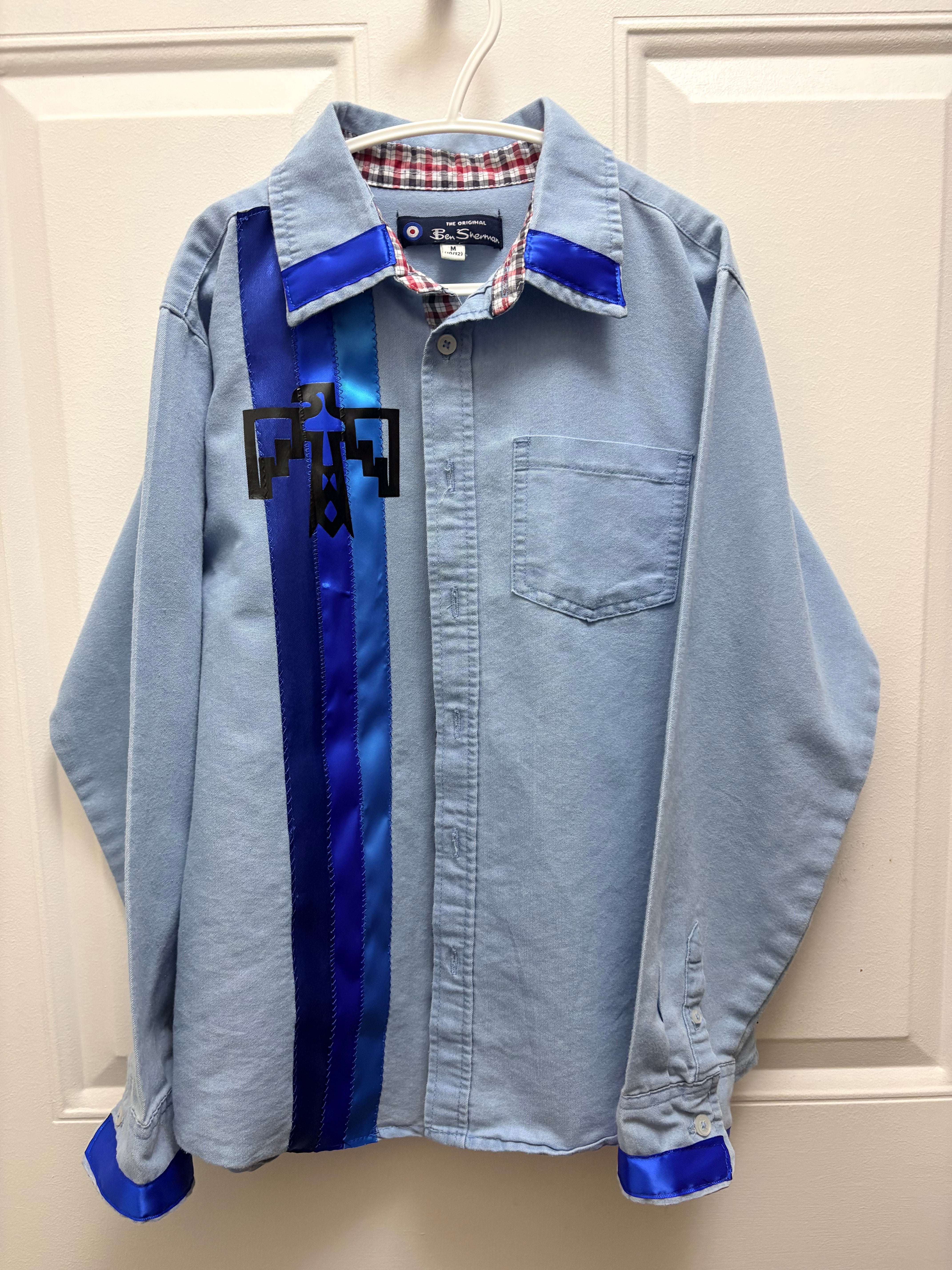 Lakota Artist Jackie Kid's Light Blue Thunderbird Ribbon Shirt