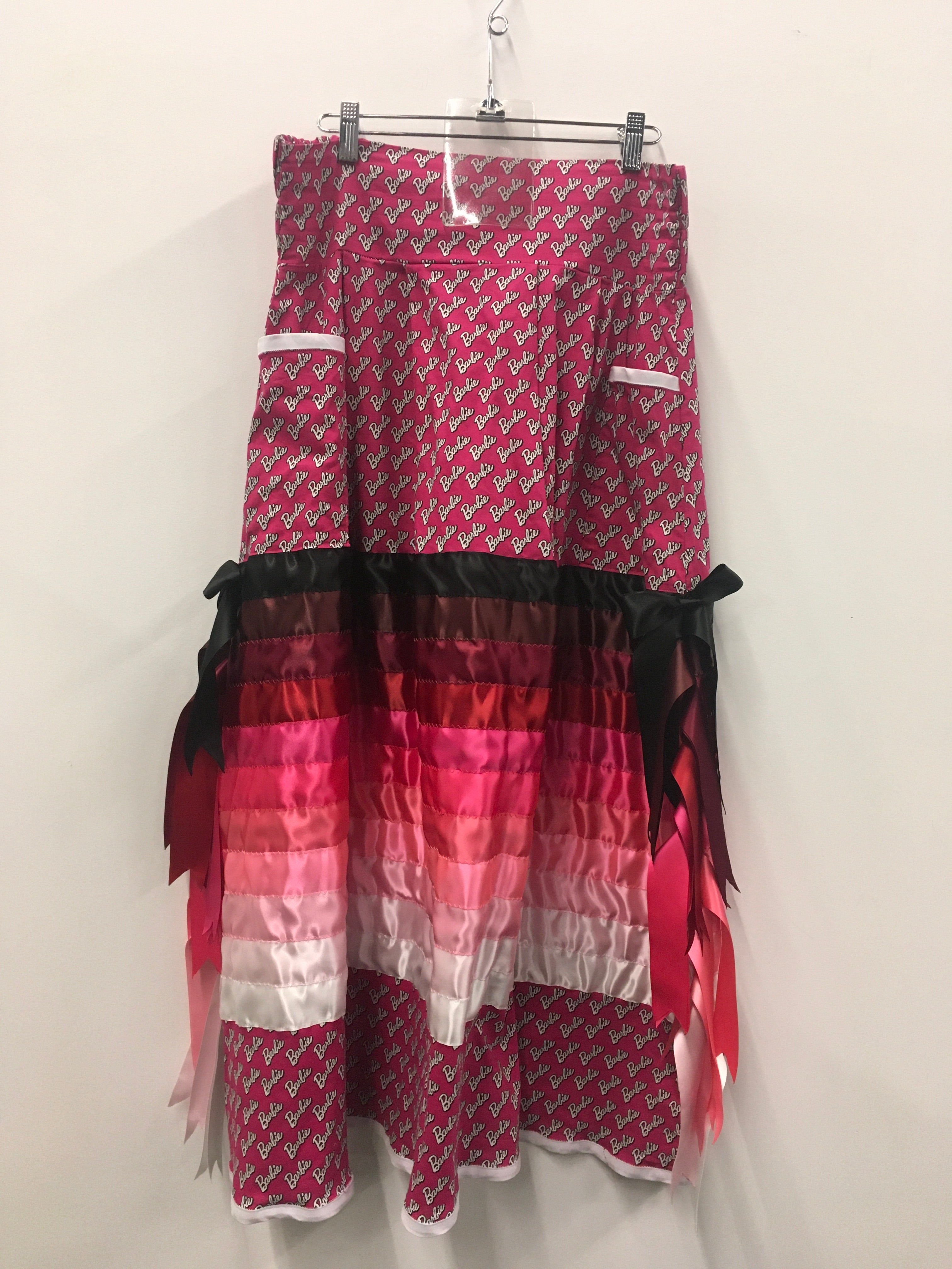 Sunny Poloz Barbie ribbon skirt with pink ombré ribbons and white bias tape