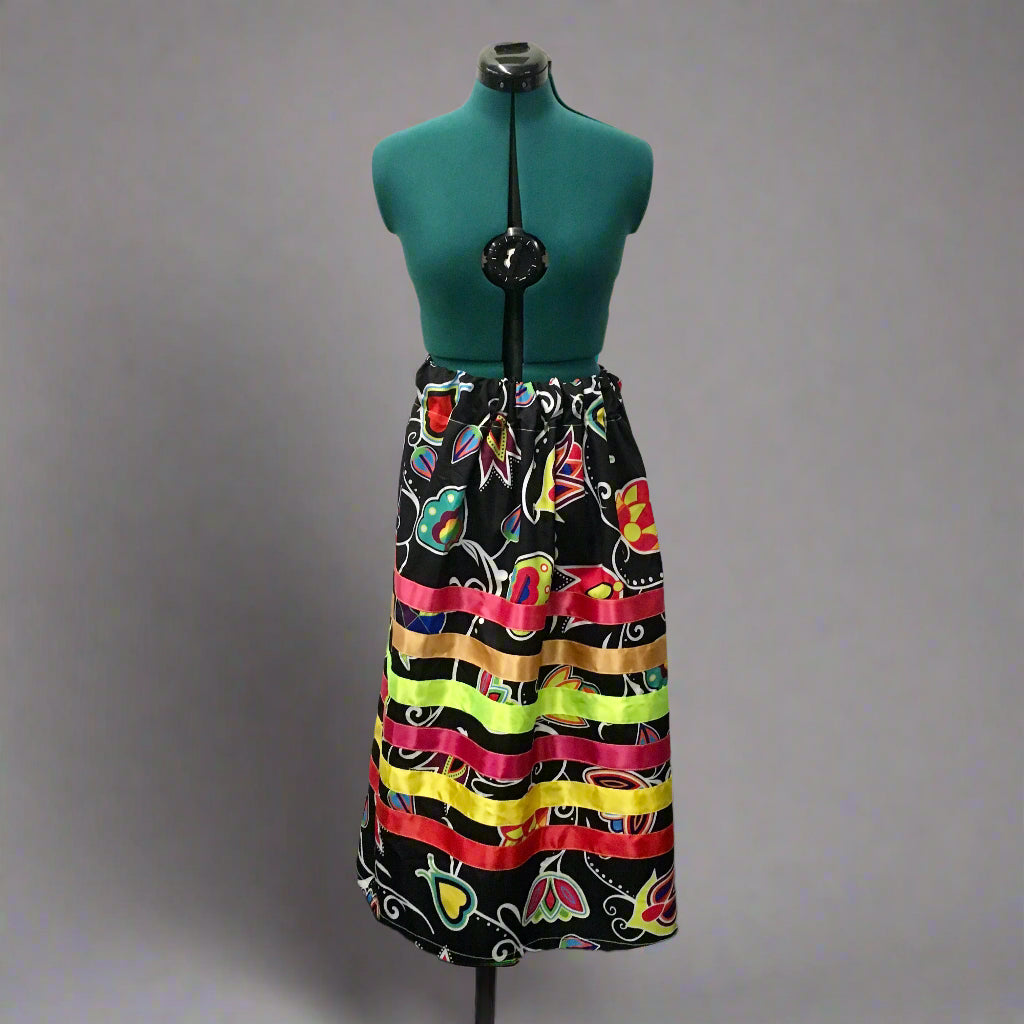 Indigenous Paisley Black Ribbon Skirt w/ Red/Pink/Yellow Ribbons