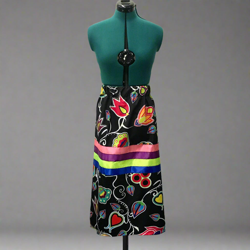 Indigenous Paisley Black Ribbon Skirt w/ Pink/Purple/Green/Blue Ribbons