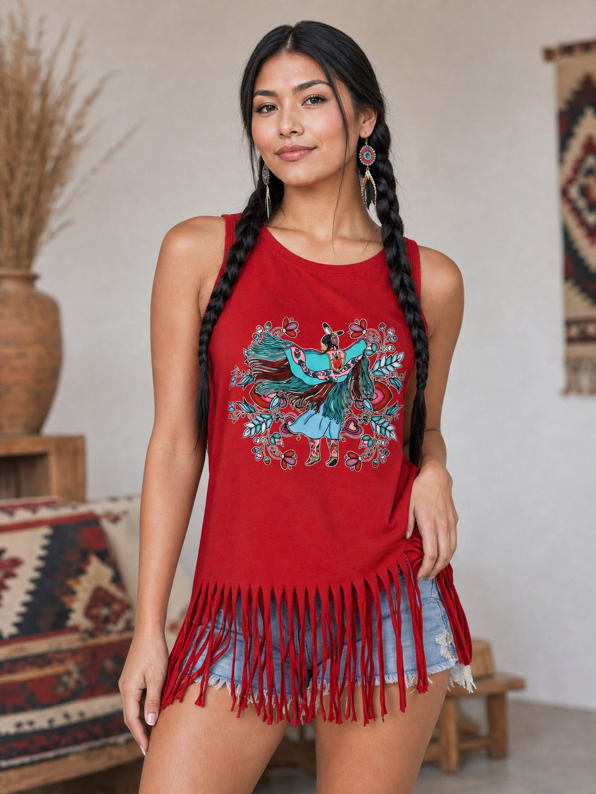 Medium Size Tank Top with Fringe Accent