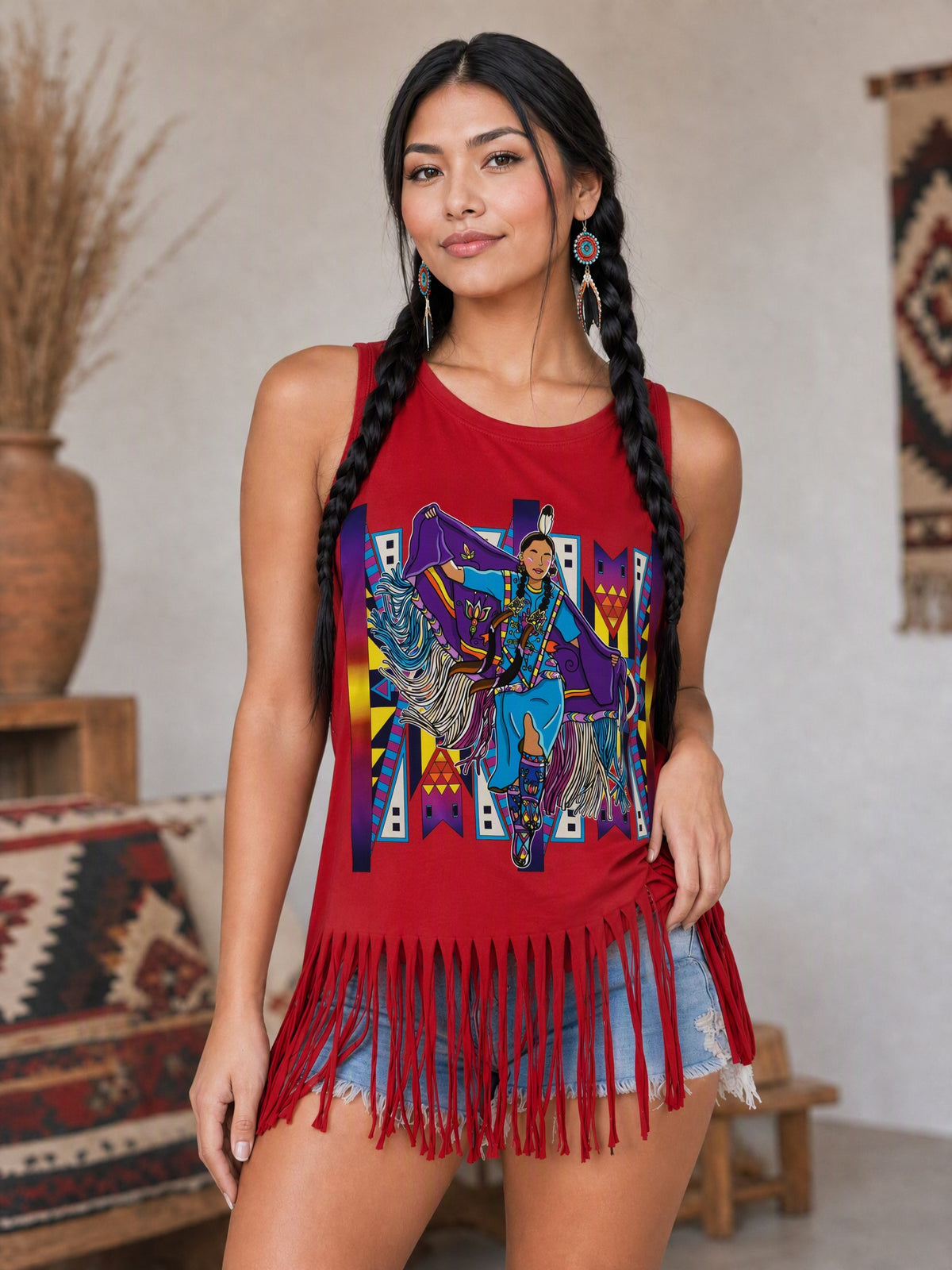 Large Size Tank Top with Fringe Accent 04