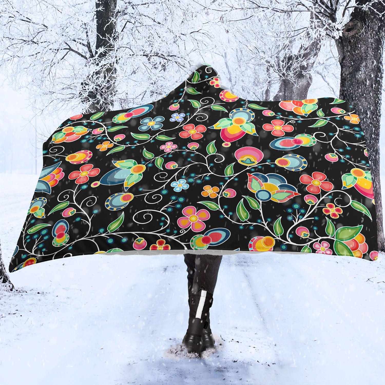 Floral Bounty Black Hooded Blanket