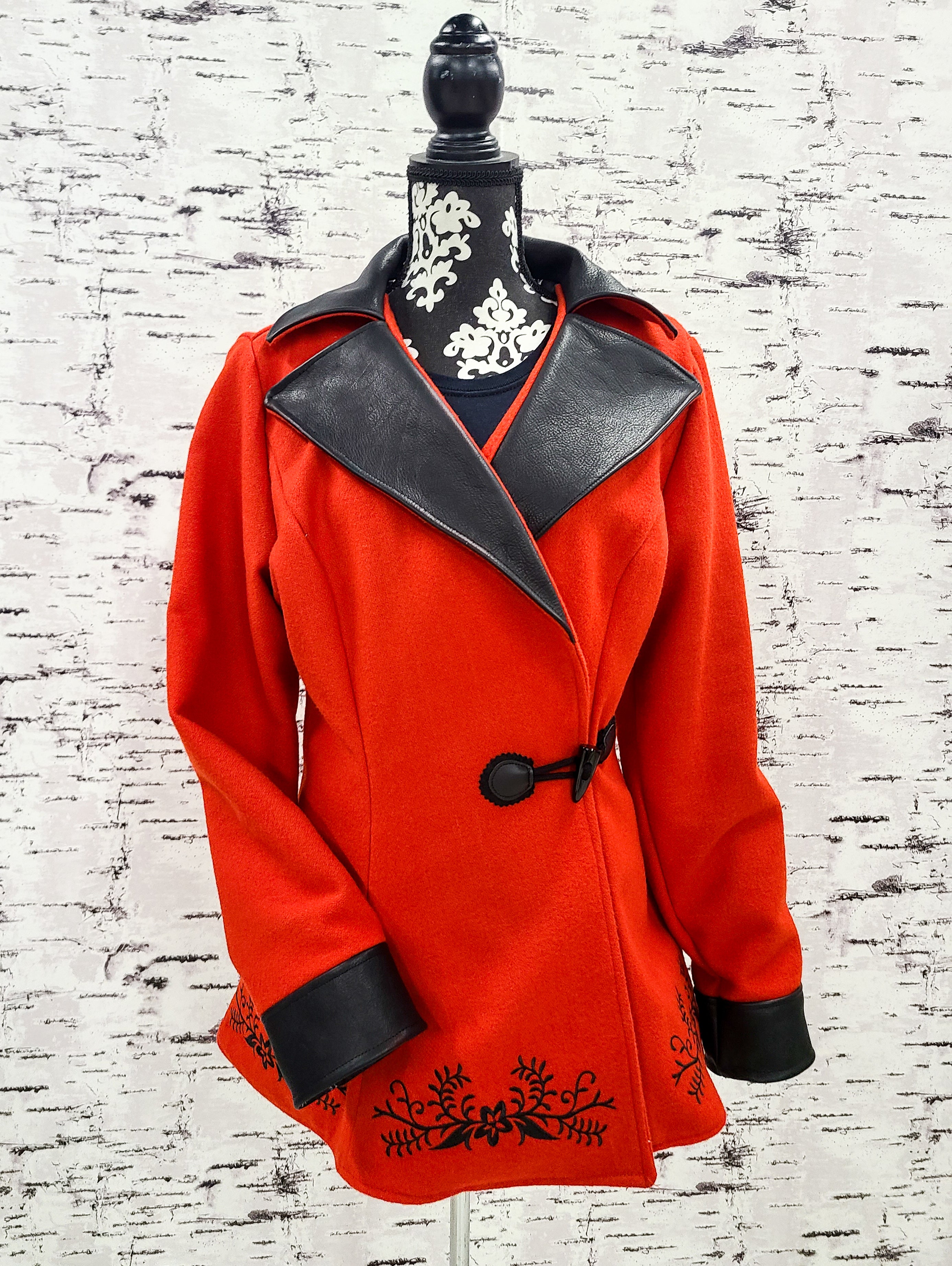 Handmade Red Wool Coat w/ Floral Design and Leather Accents