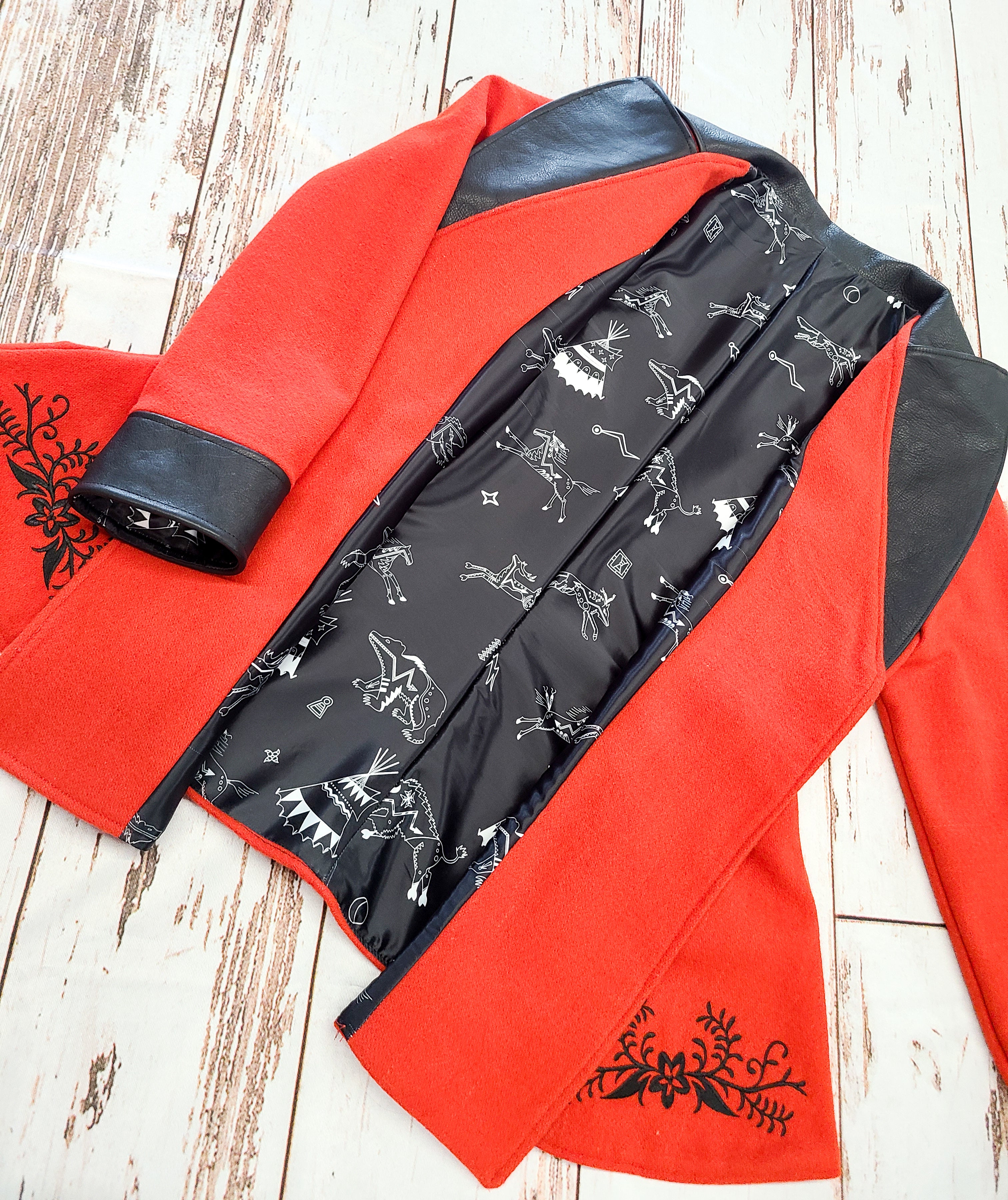 Handmade Red Wool Coat w/ Floral Design and Leather Accents