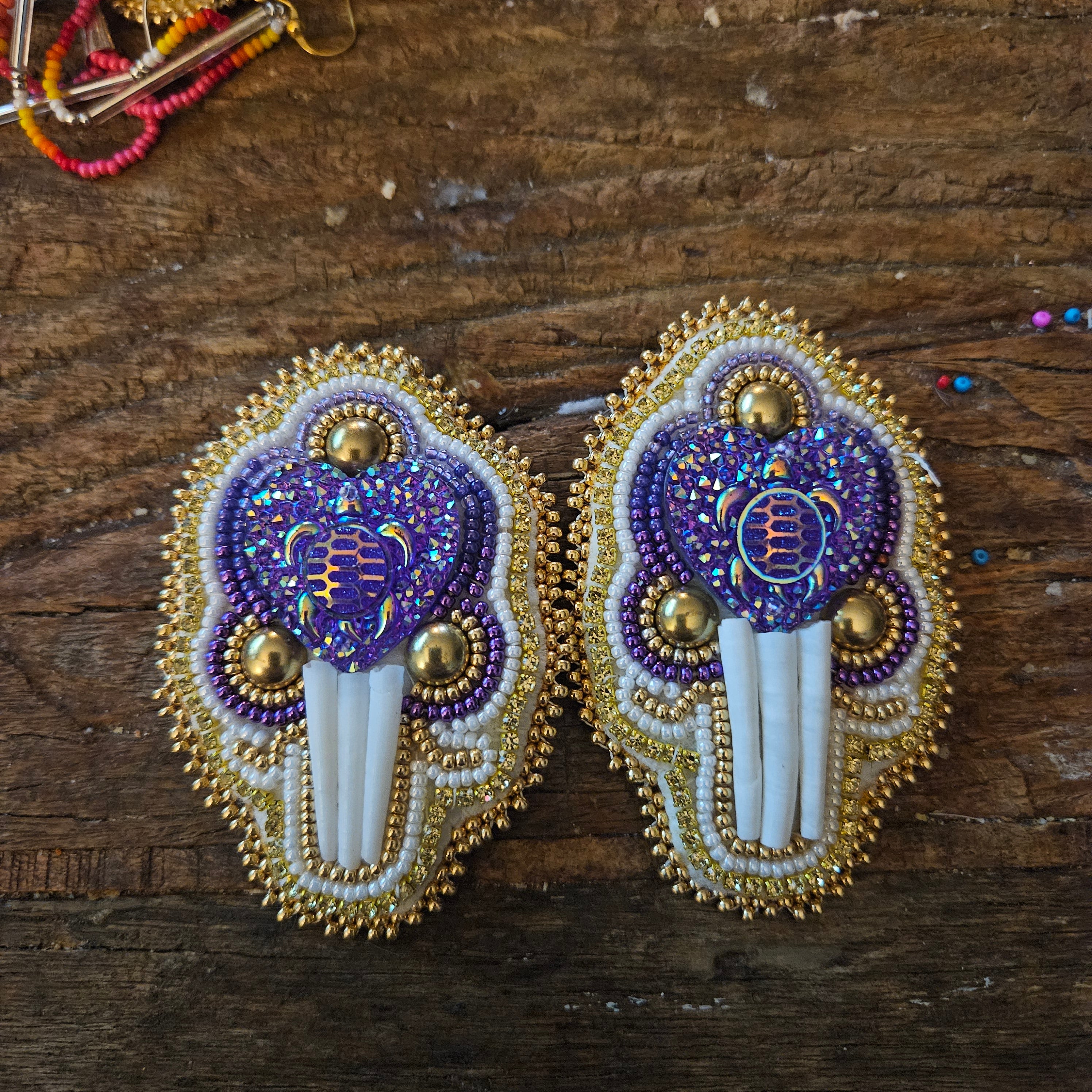 Meg Sheridan Purple Turtle w/ Dentalium & Moosehide Earrings