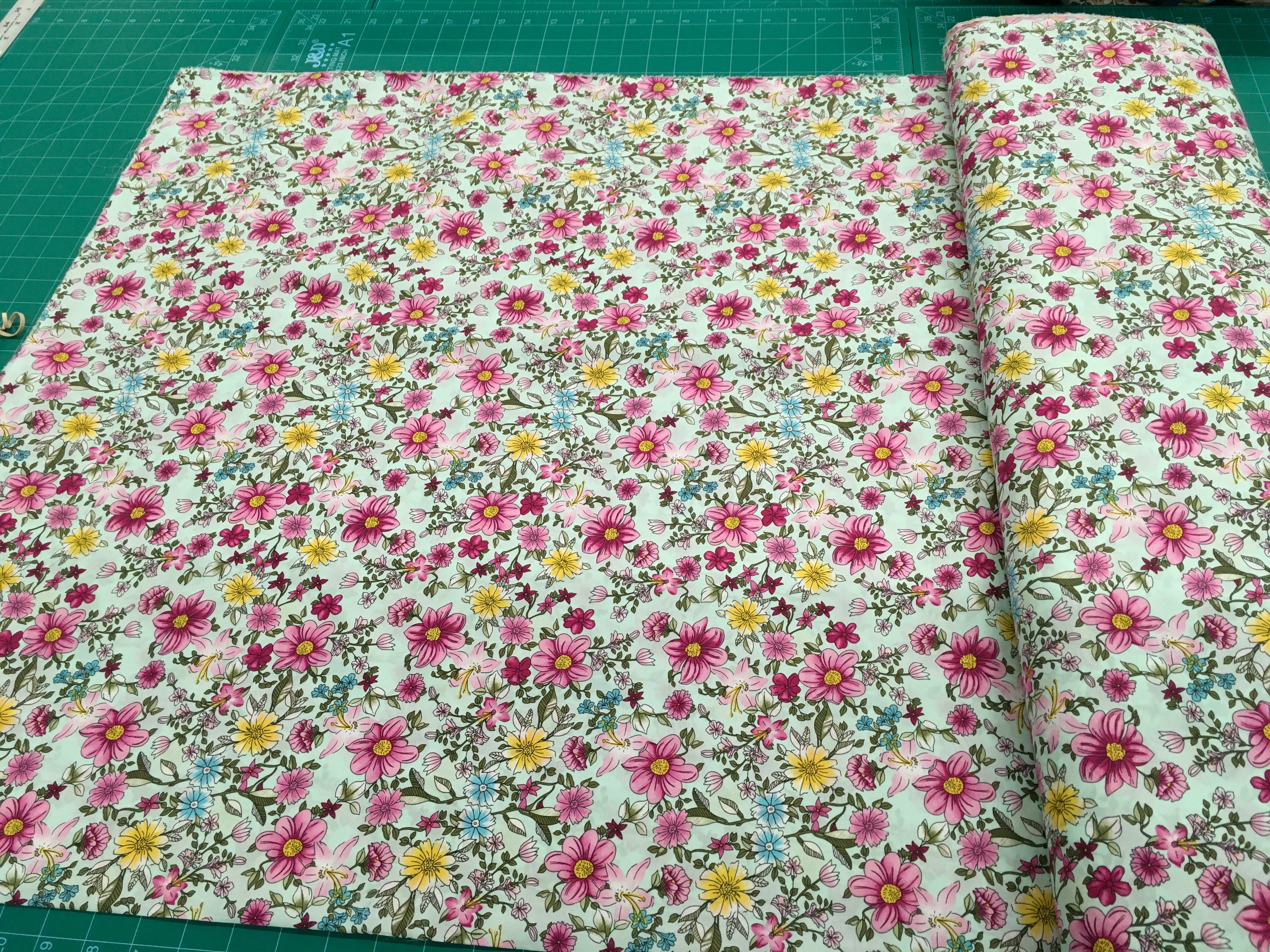 Pink Floral Mint Background 56 inch Cotton Fabric