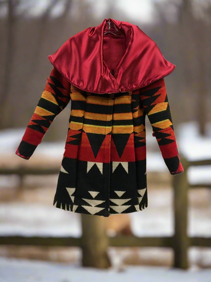 Women's Handmade Red Geometric Wool Coat By Jin