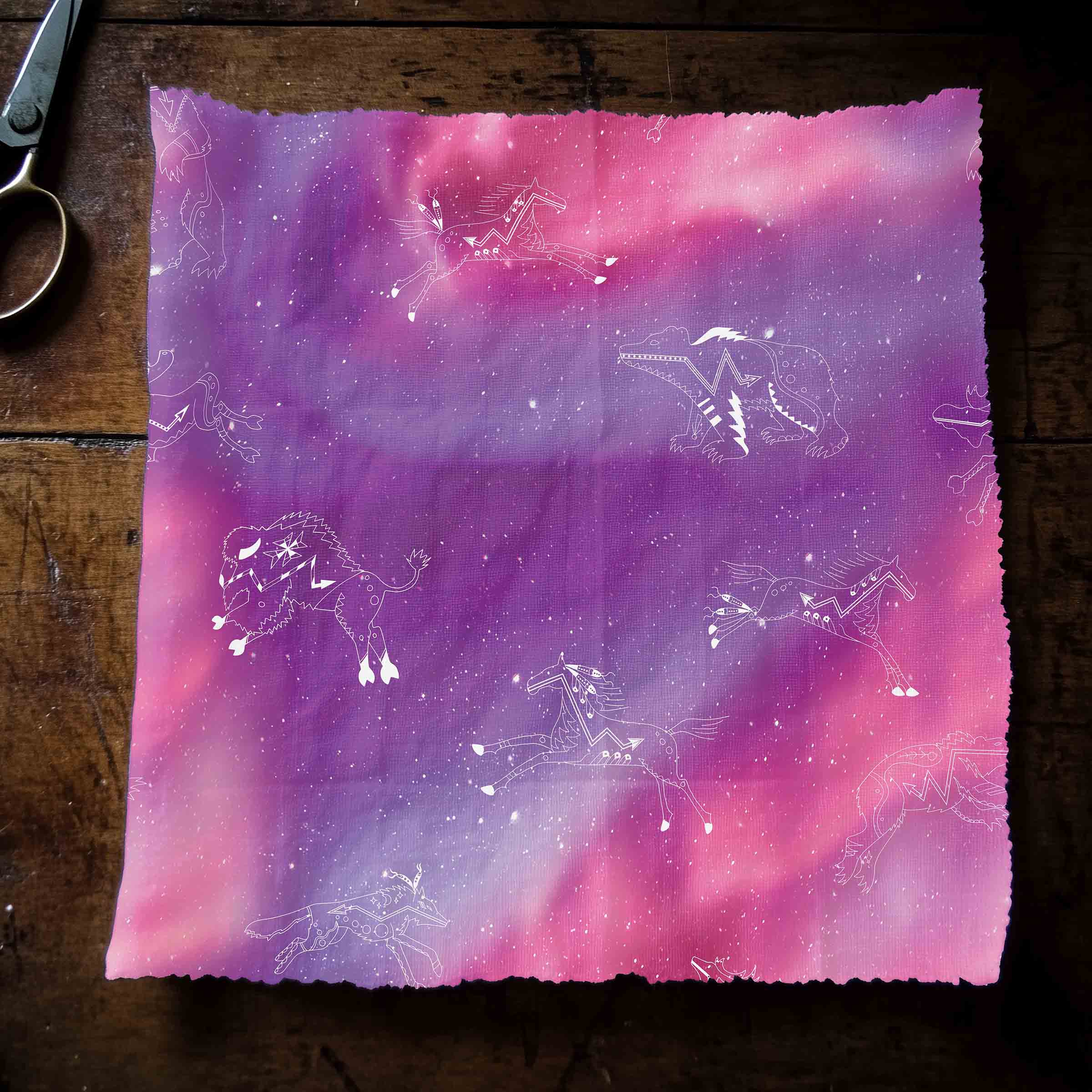 Animal Ancestors Aurora Gases Pink and Purple Satin Fabric By the Yard