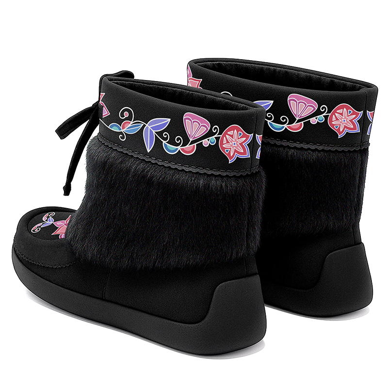 Frost Flower Circle Black Leather MocLux Ankle with Fur