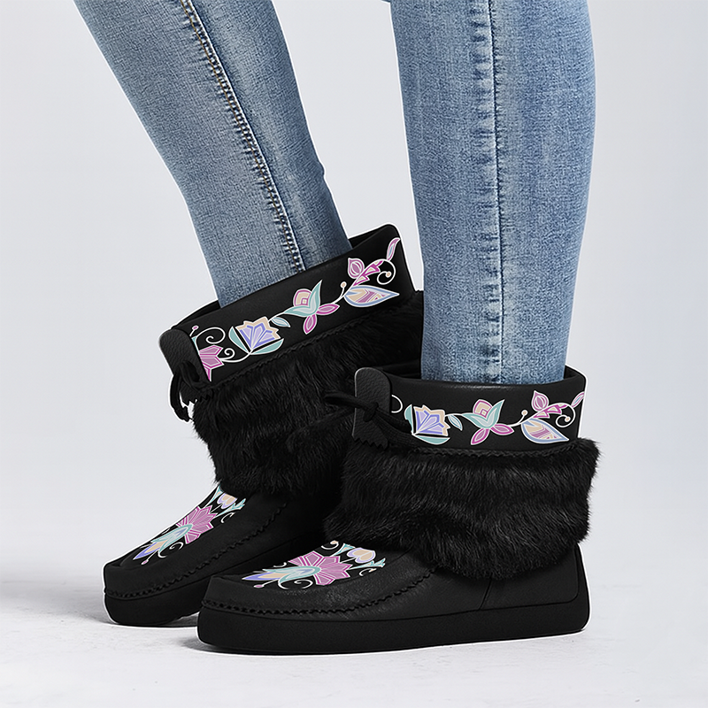 Moonlit Frost Black Leather MocLux Ankle with Fur