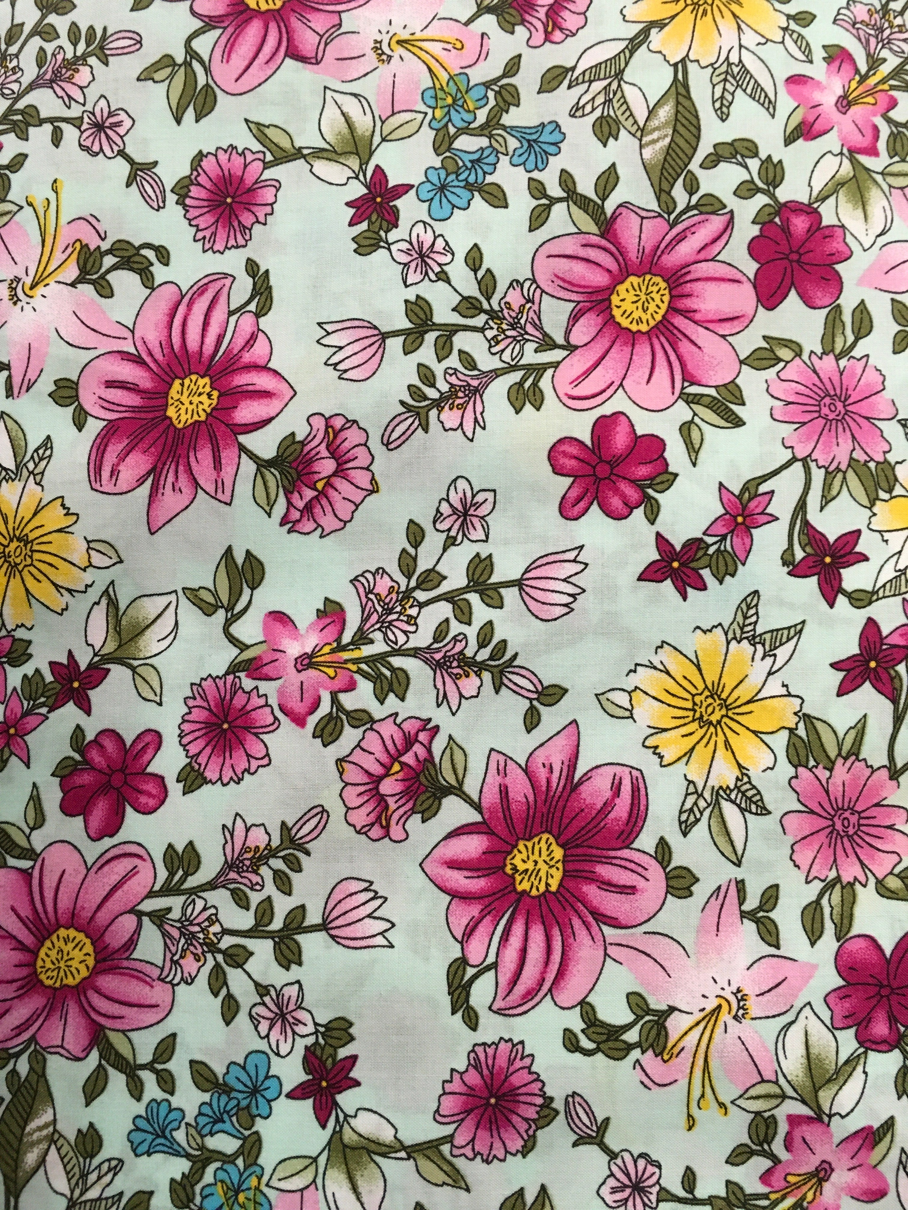 Pink Floral Mint Background 56 inch Cotton Fabric