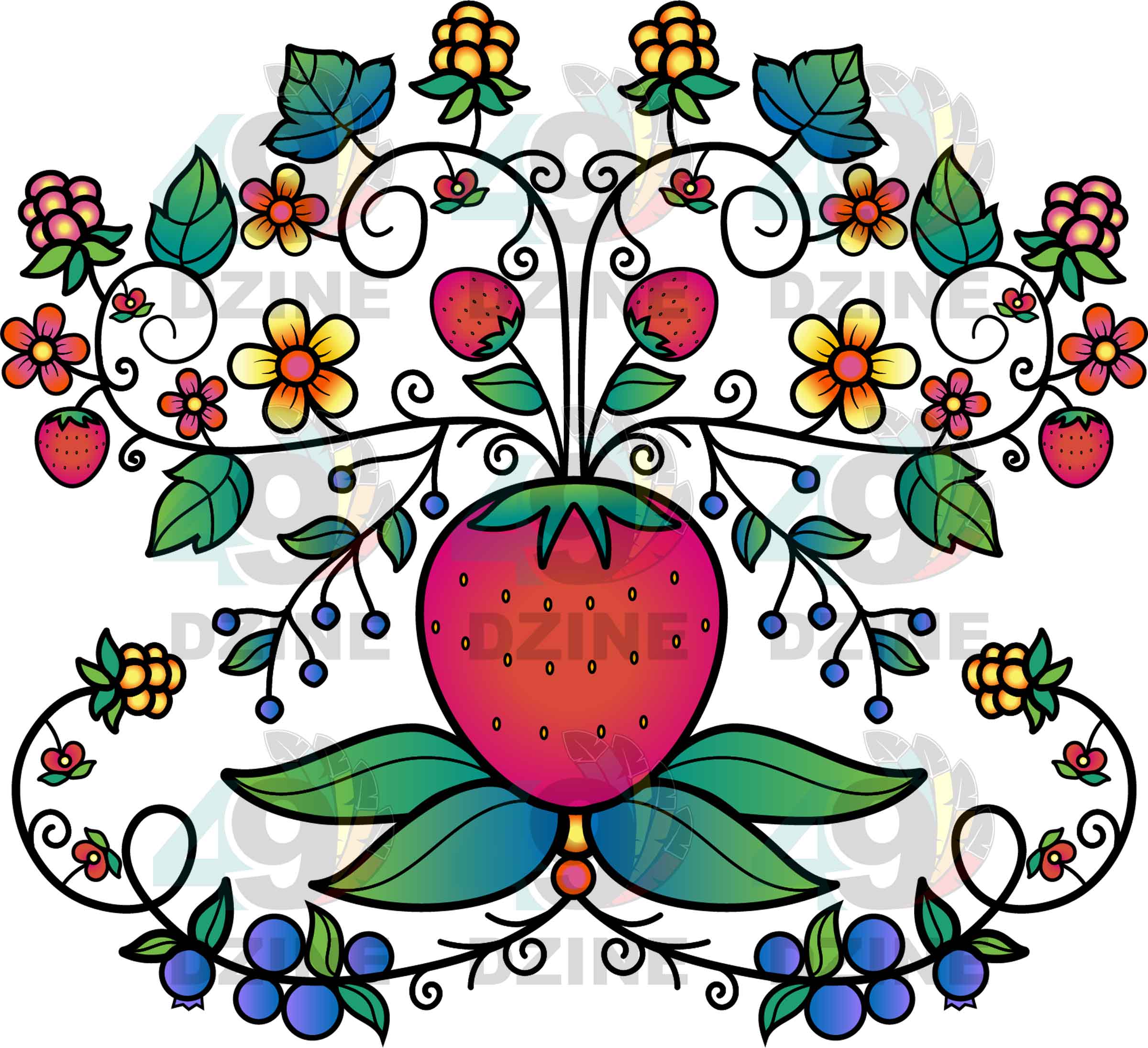 Strawberry Floral Fun Transfer (Various Sizes)