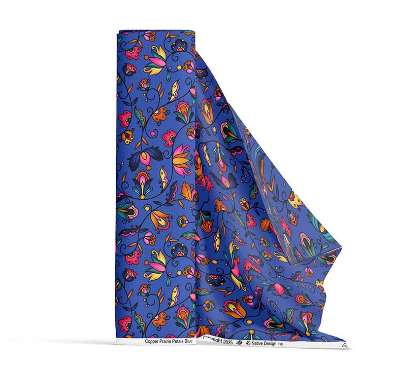 Copper Prairie Petals Blue Satin Fabric
