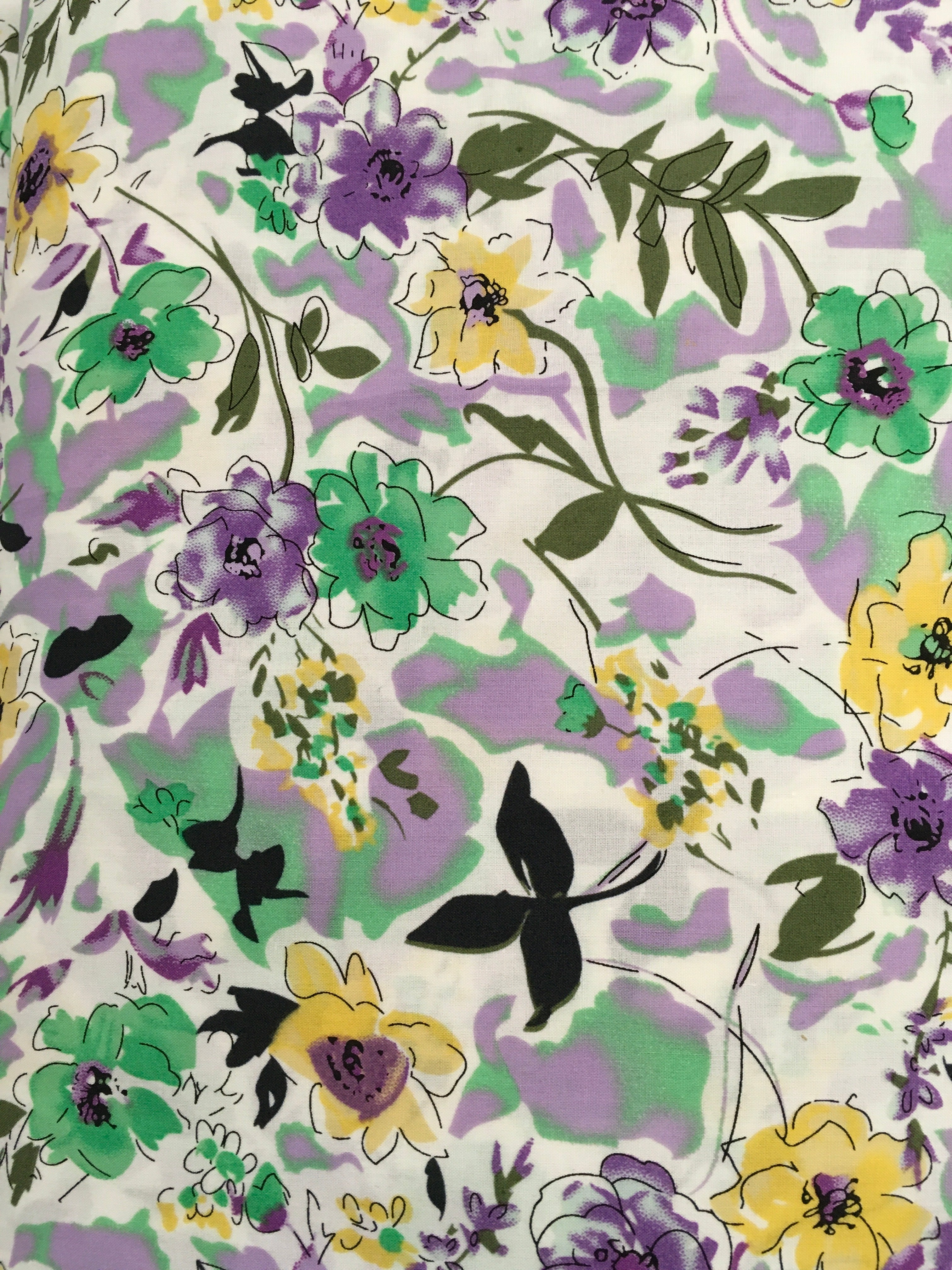 Yellow Purple Flowers Green Background 56 inch Cotton Fabric