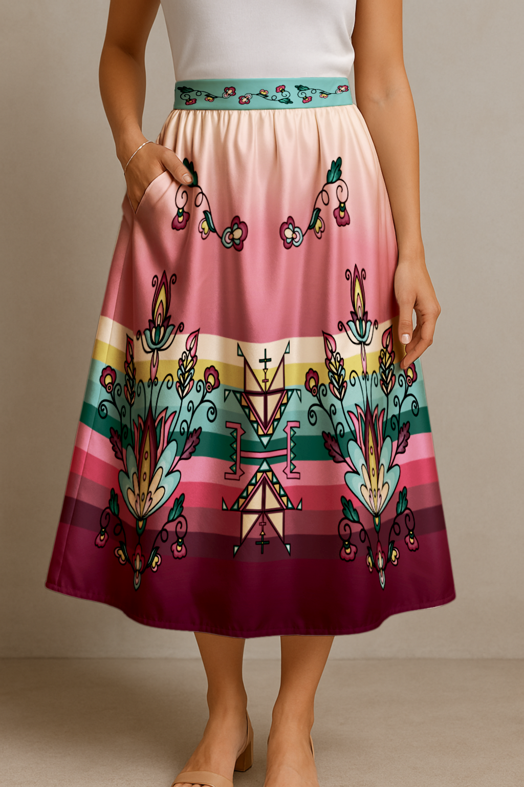 Golden Harvest Bloom Elastic Waist Pocket Midi Skirt
