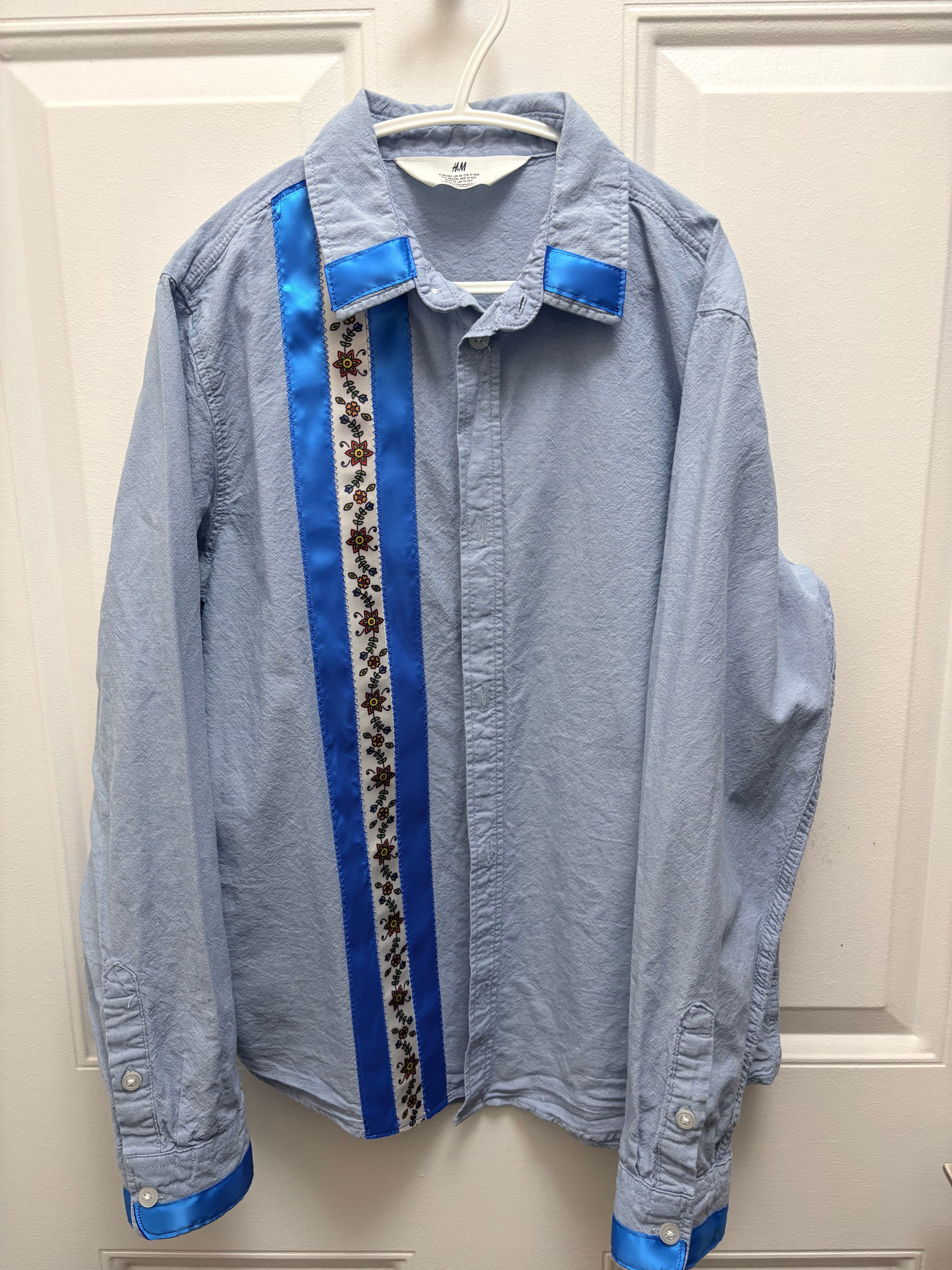 Lakota Artist Jackie Kid's Blue Floral Ribbon Shirt