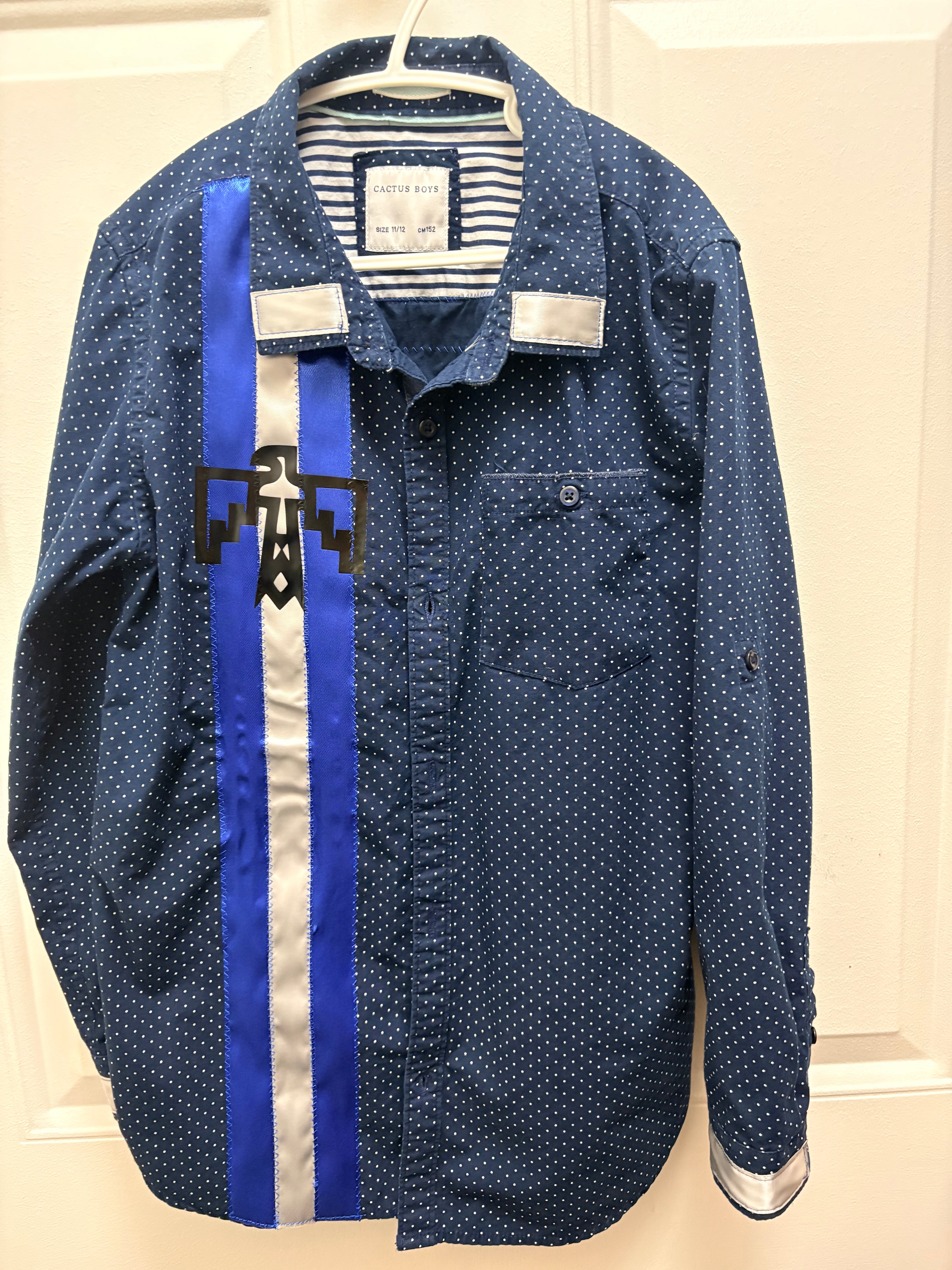 Lakota Artist Jackie Kid's Dark Blue Thunderbird Ribbon Shirt