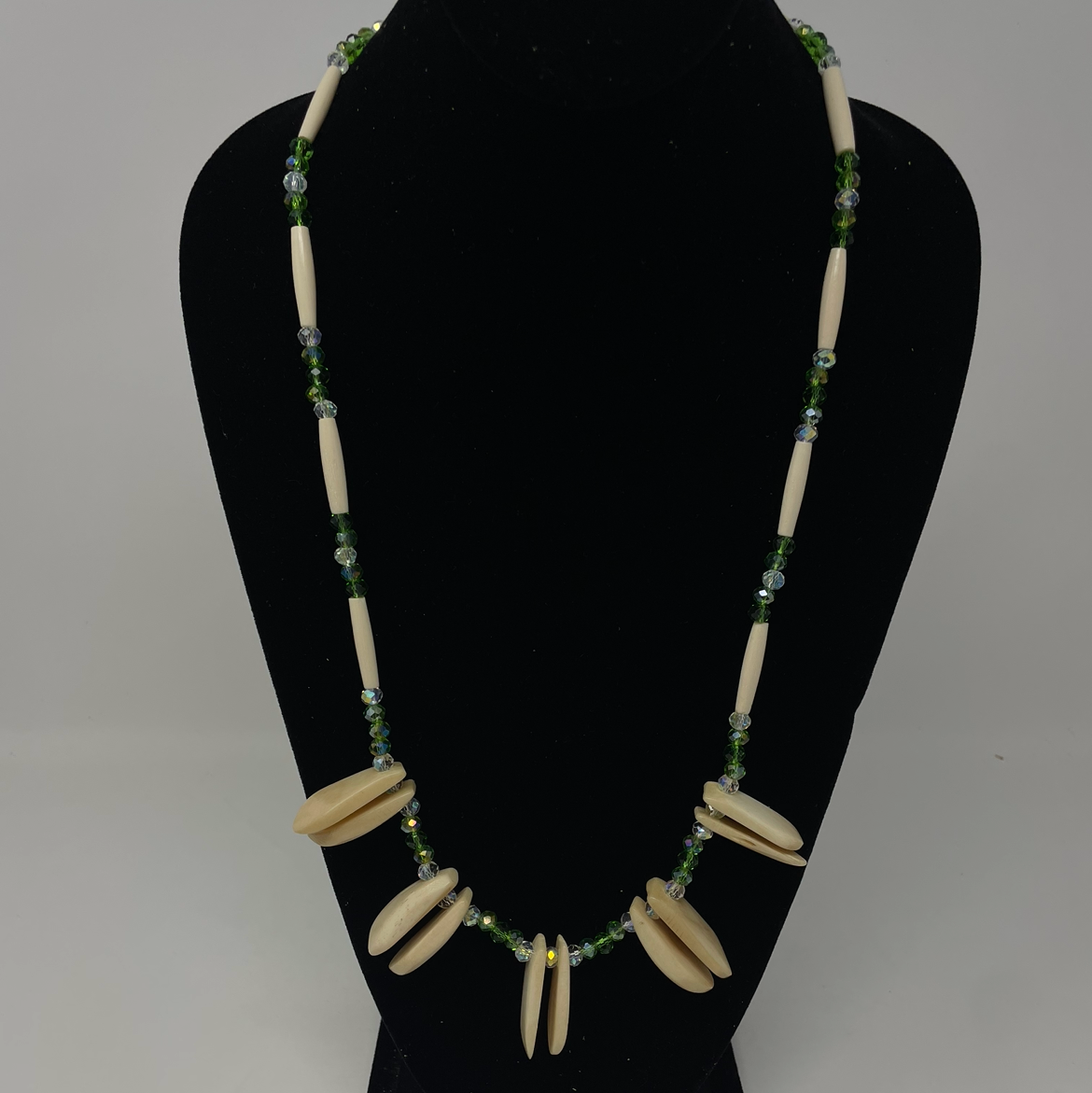Asteria Brill Green Buffalo Bone Bead/Hairpipe Necklace w/ Simulated Elk Teeth