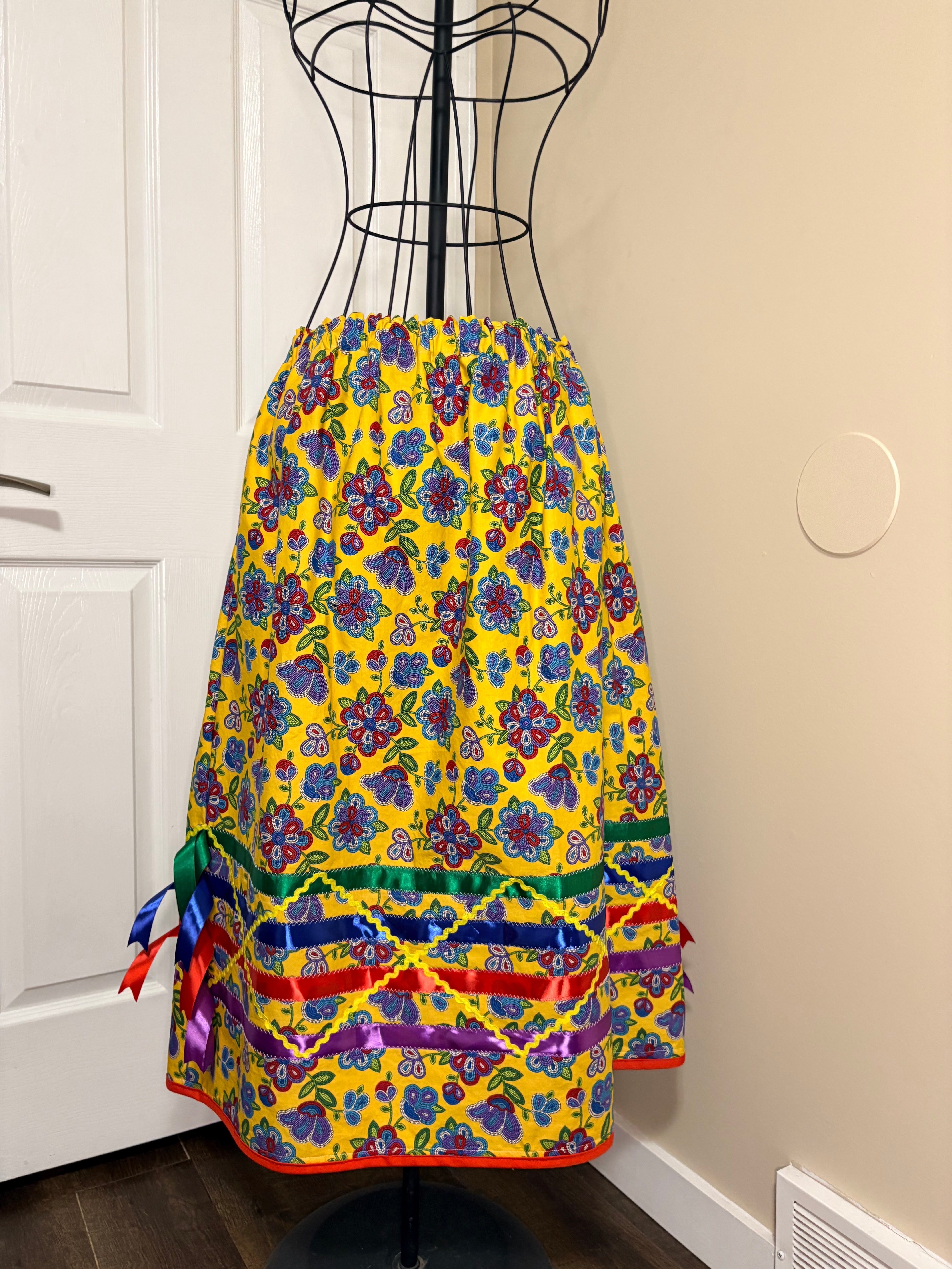 Lakota Artist Jackie Ribbon Skirt - Yellow w/ Flowers