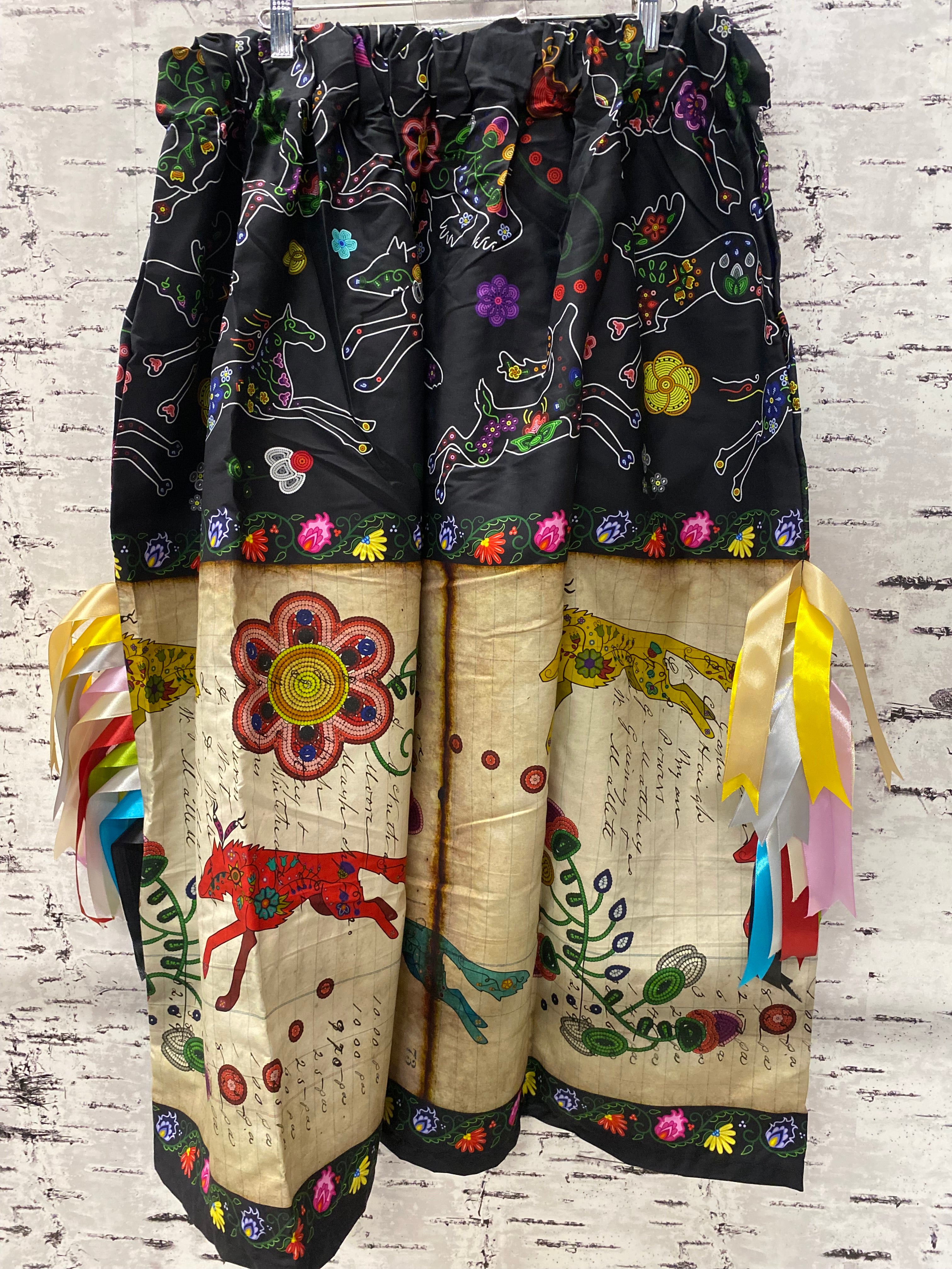 Handmade Floral Ledger Wolf w/ Beaded Animals Ribbon Skirt