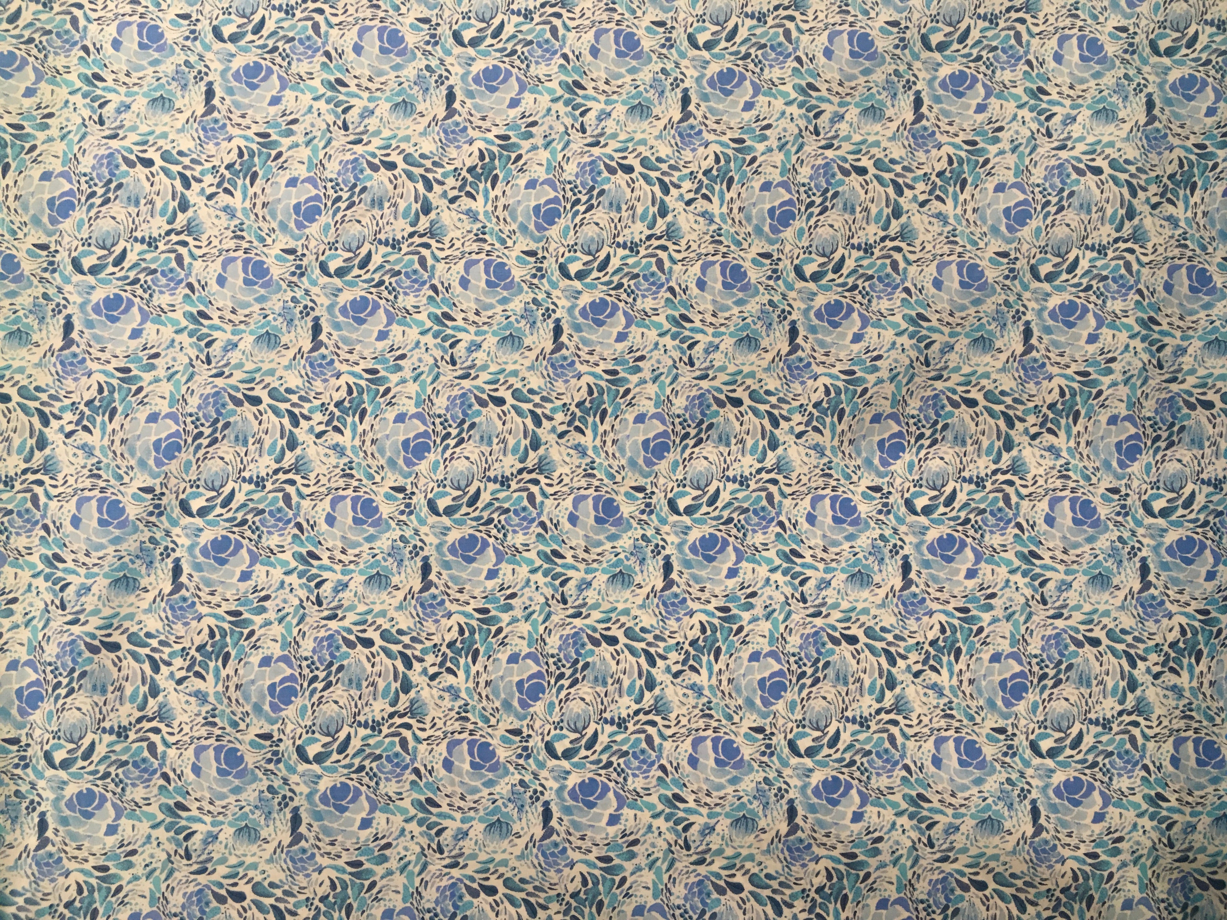 Multi-Blue Flowers and Leaves White Background 56 inch Cotton Fabric