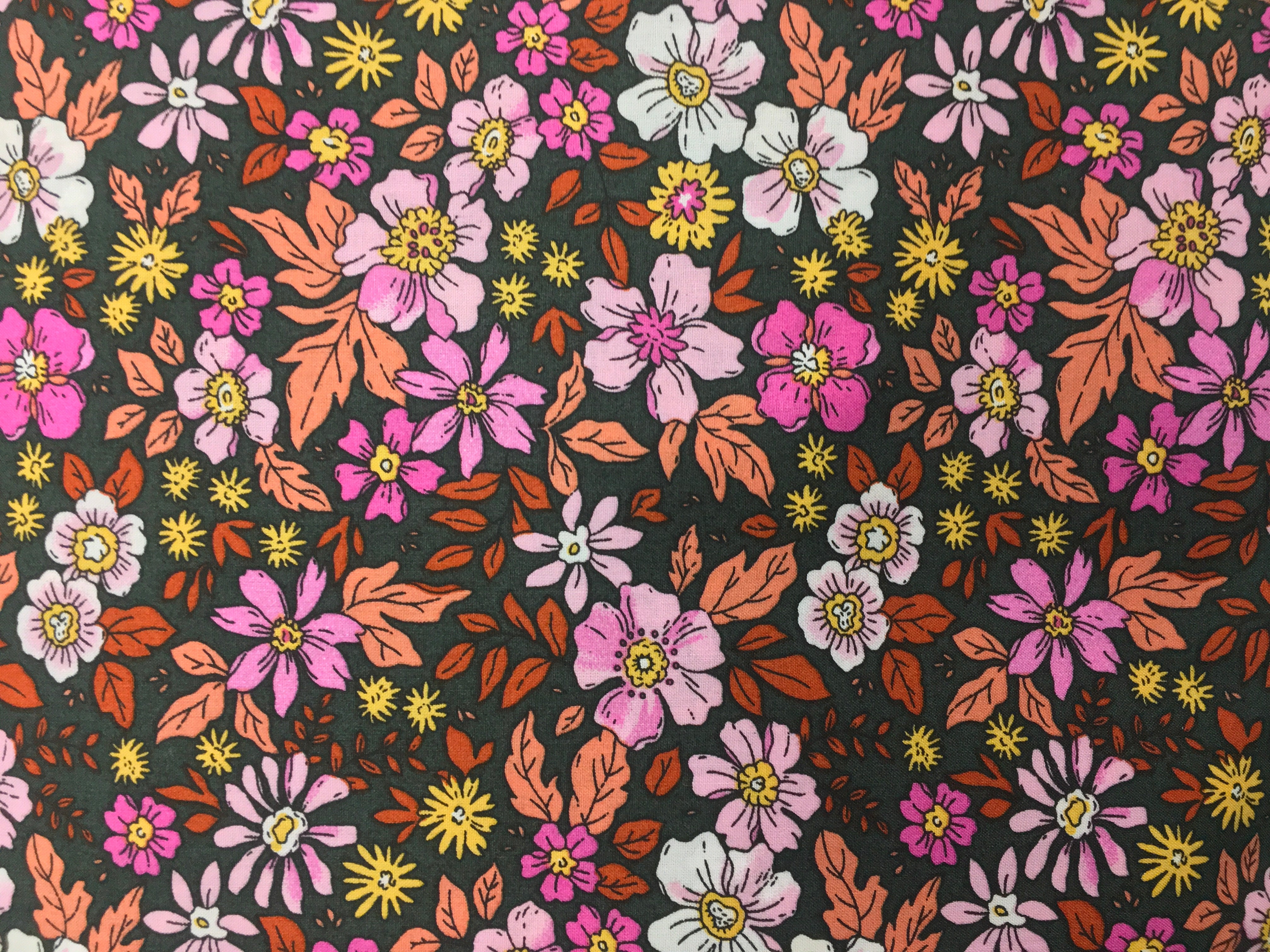 Pink Flowers and Autumn Leaves Dark Gray Background 56 inch Cotton Fabric