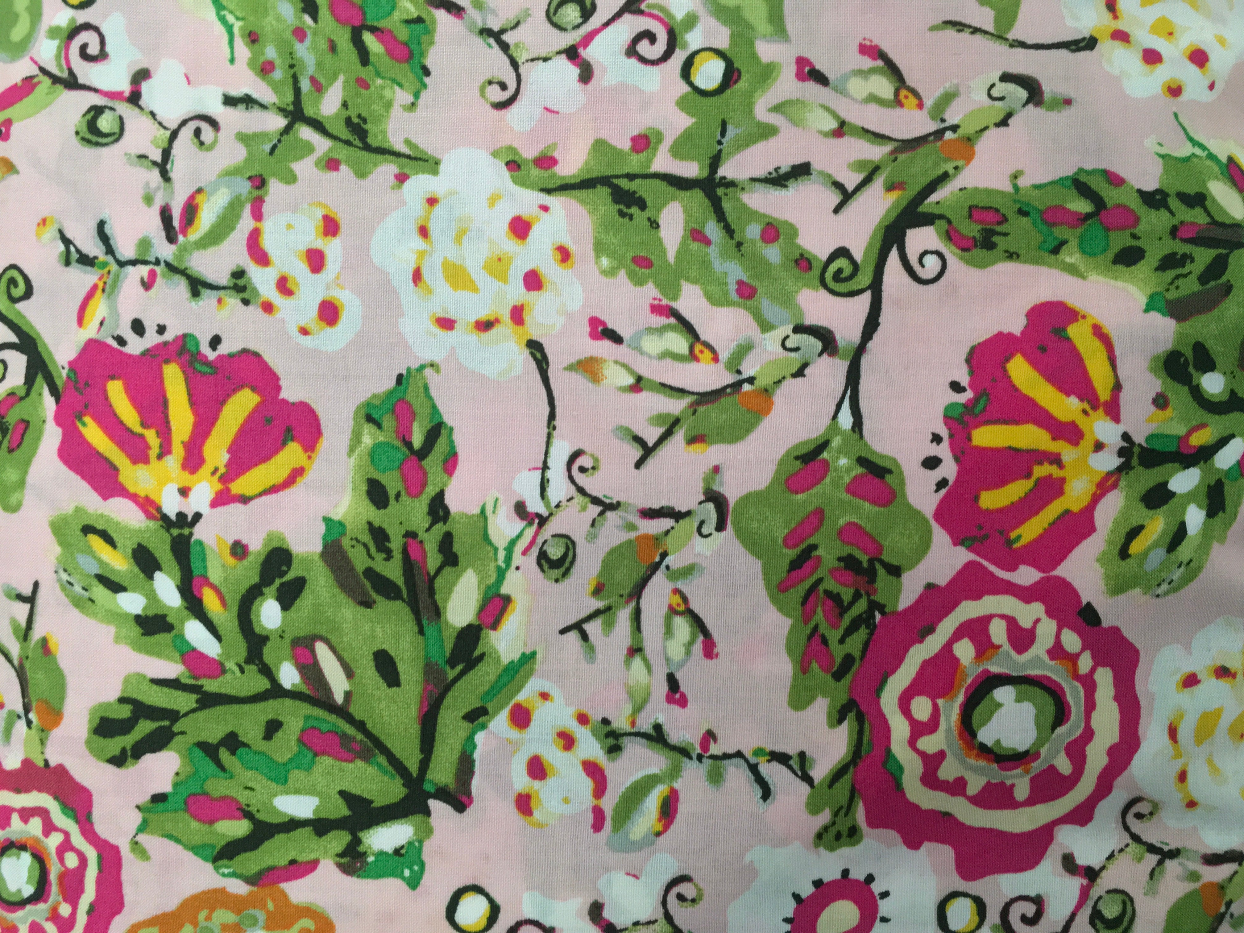 Pink White and Orange Flowers With Green Leaves White Background 56 inch Cotton Fabric