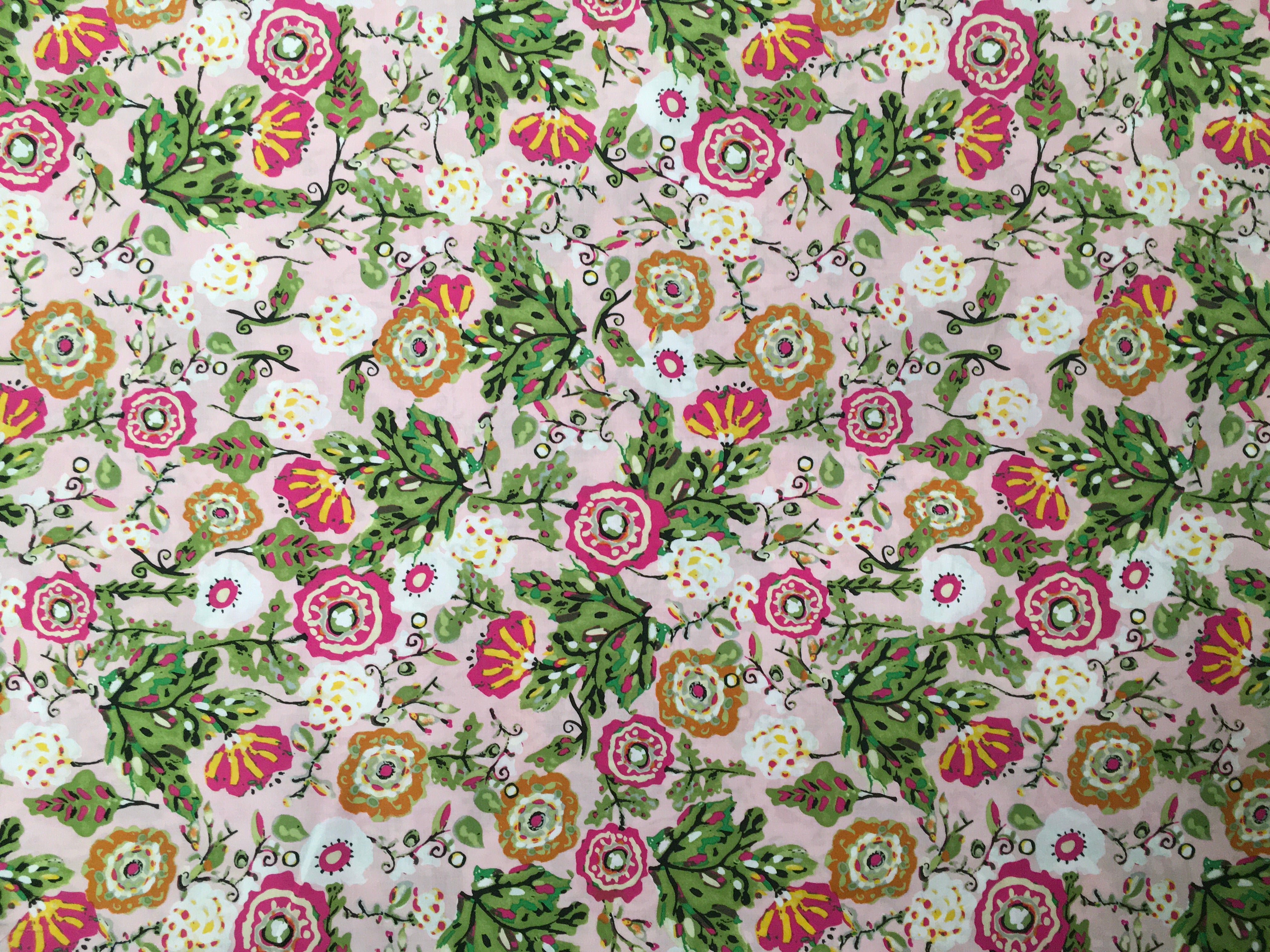 Pink White and Orange Flowers With Green Leaves White Background 56 inch Cotton Fabric