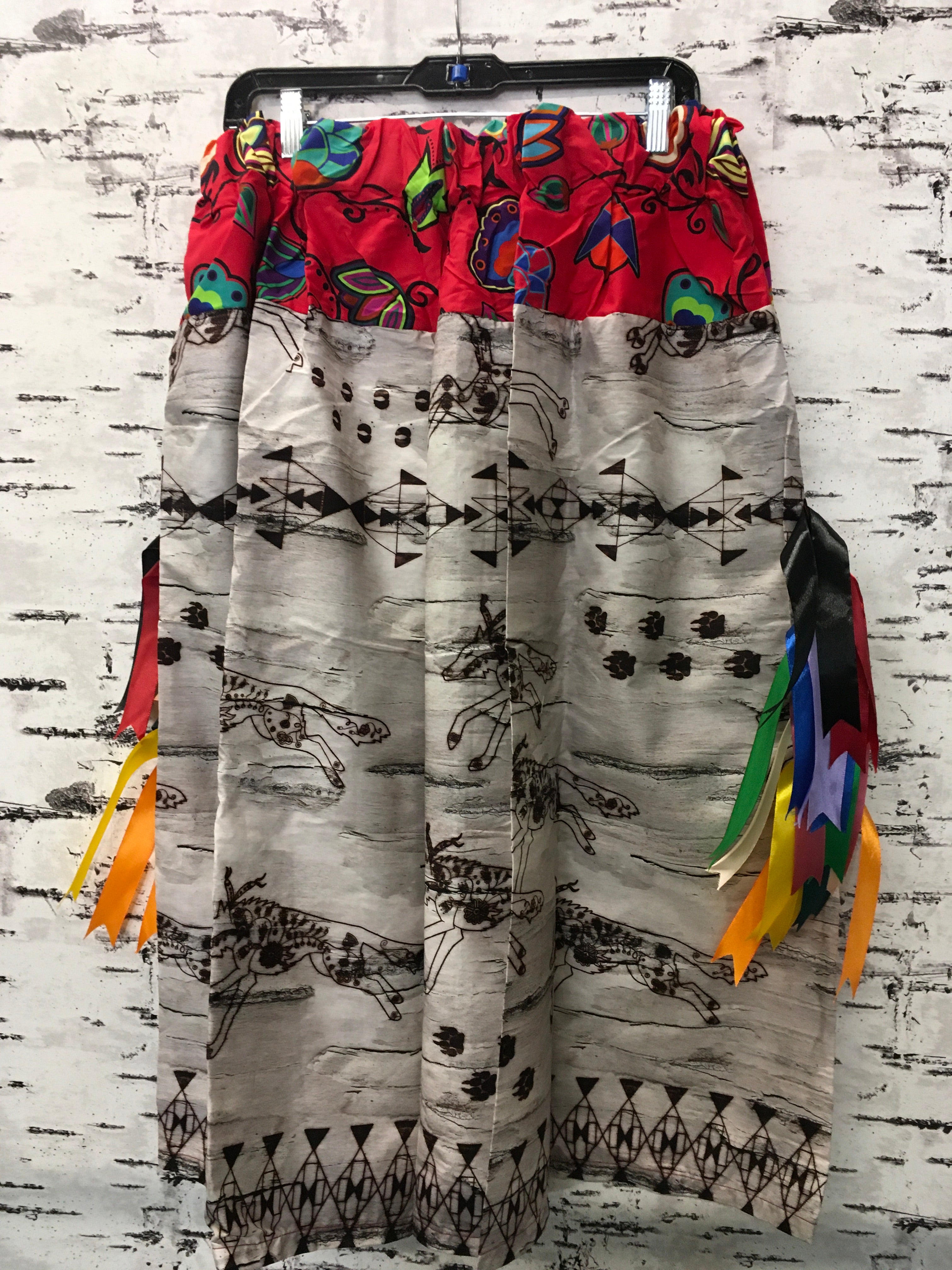 Handmade Birch Wolf and Deer & Red Indigenous Paisley Trim Ribbon Skirt