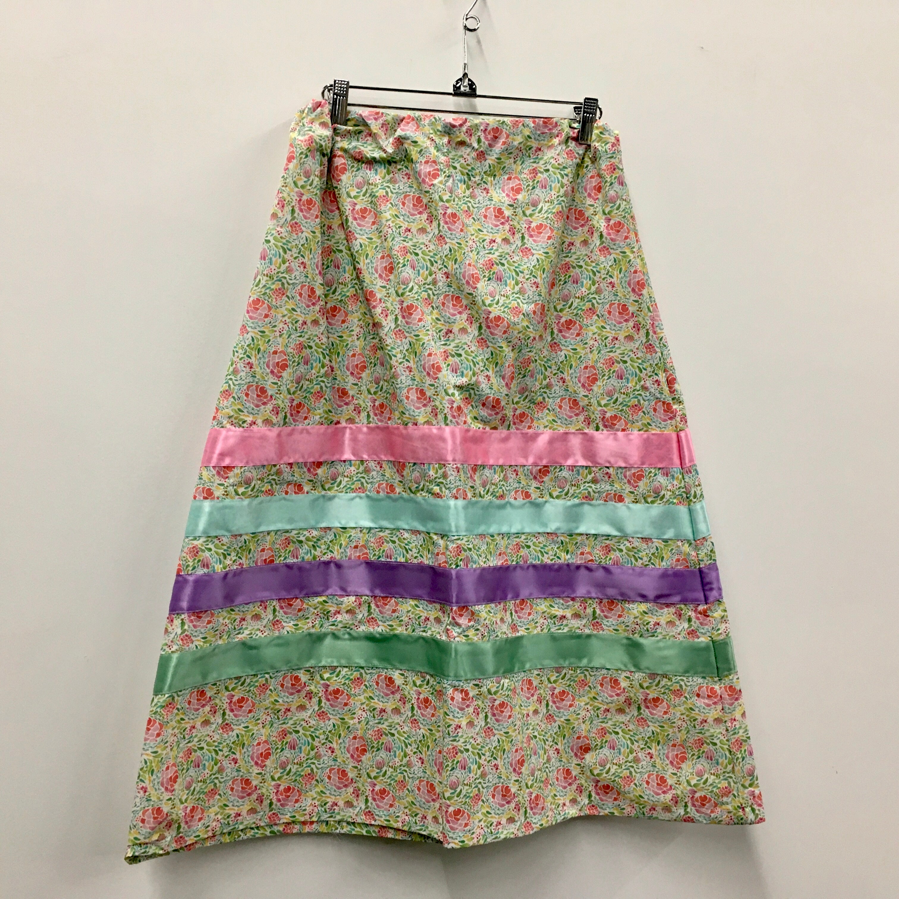 Handmade Pink Roses Green Teal Ribbon Skirt