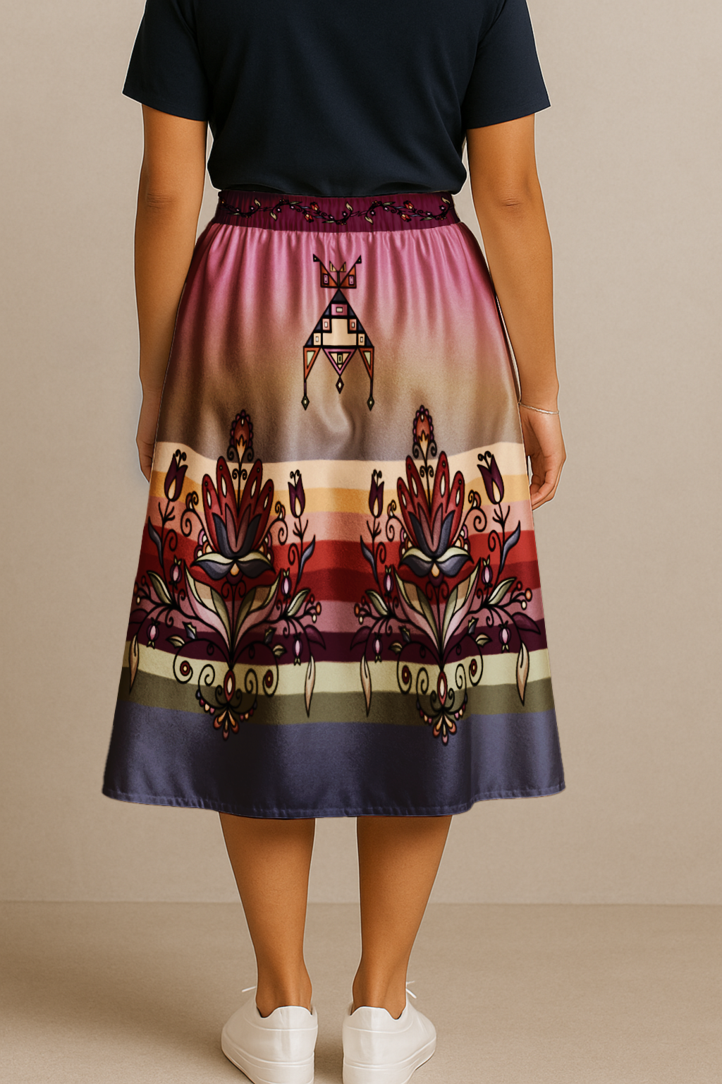 Red Willow Whispers Elastic Waist Pocket Midi Skirt