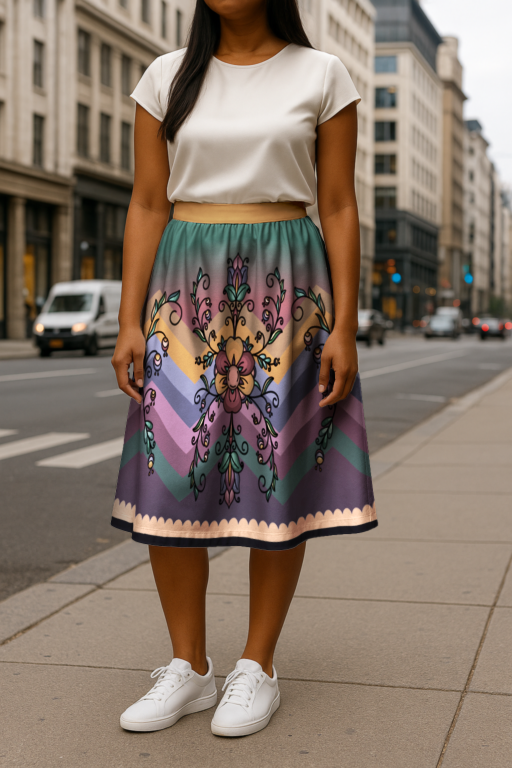 Rust & Ember Flower Song 05 Elastic Waist Pocket Midi Skirt