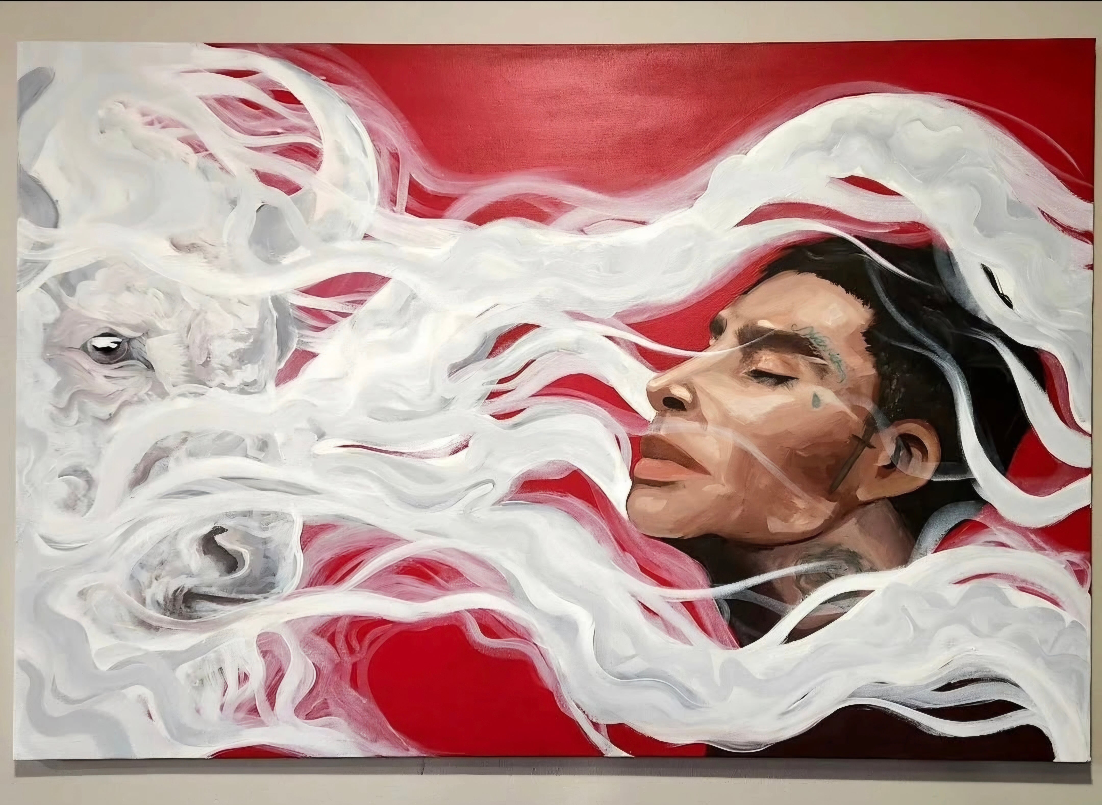 Chloe Bluebird Mustooch Omagiyam (White Buffalo Smudge Painting with Man)