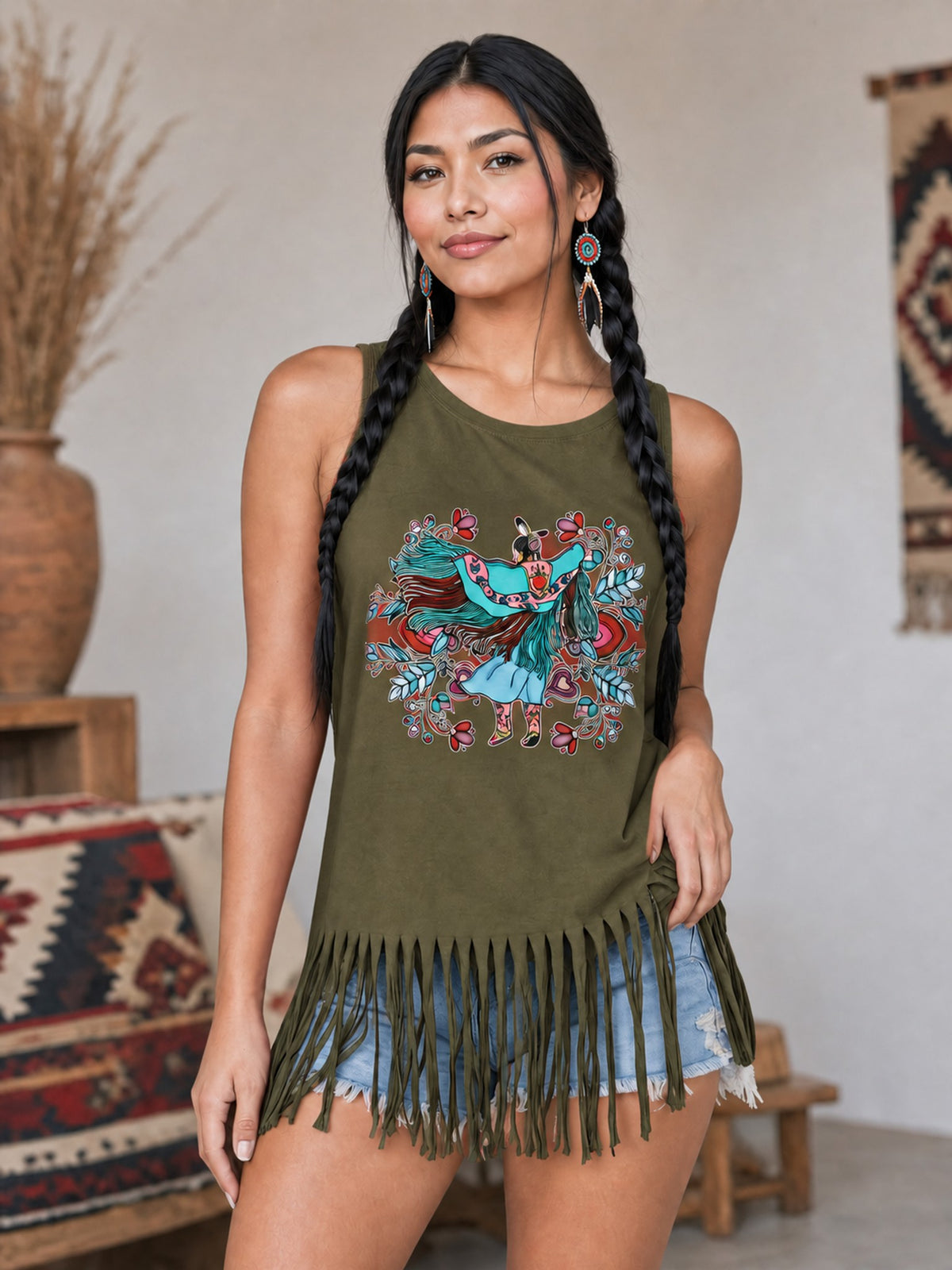 Large Size Tank Top with Fringe Accent 08