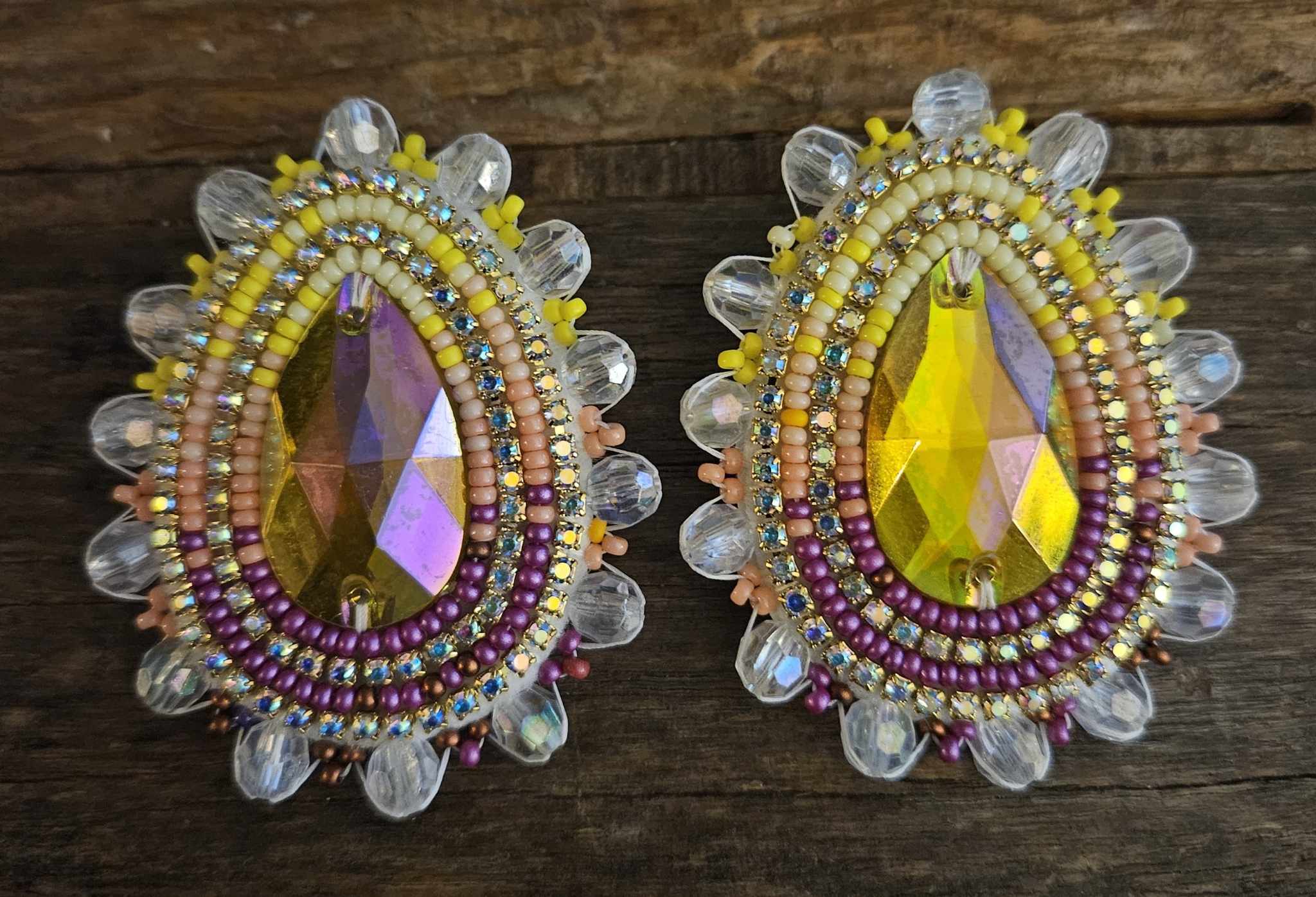 Meg Sheridan Yellow and Purple Tear Drop Earrings with Sequins