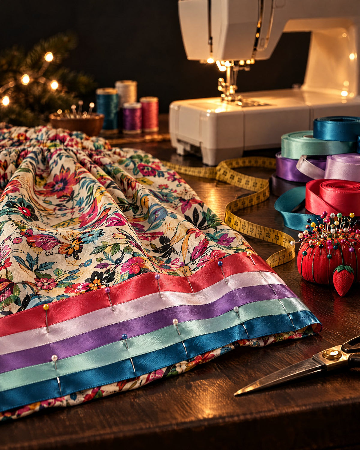 A ribbon skirt in progress on a sewing table with ribbon spools, pins and shears