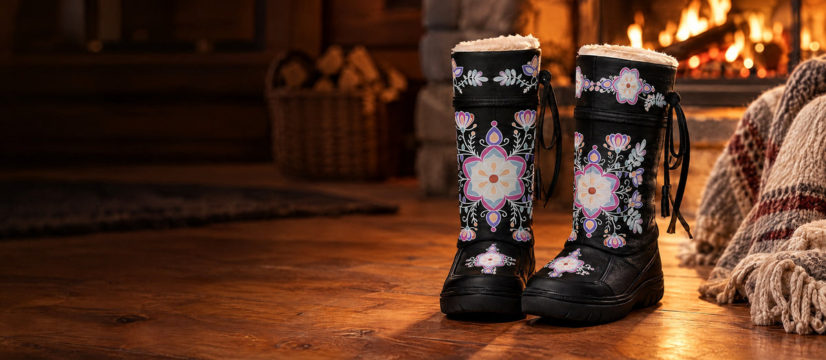 Aurora Petal Glow black MocLux Tall mukluks by a cabin fireplace