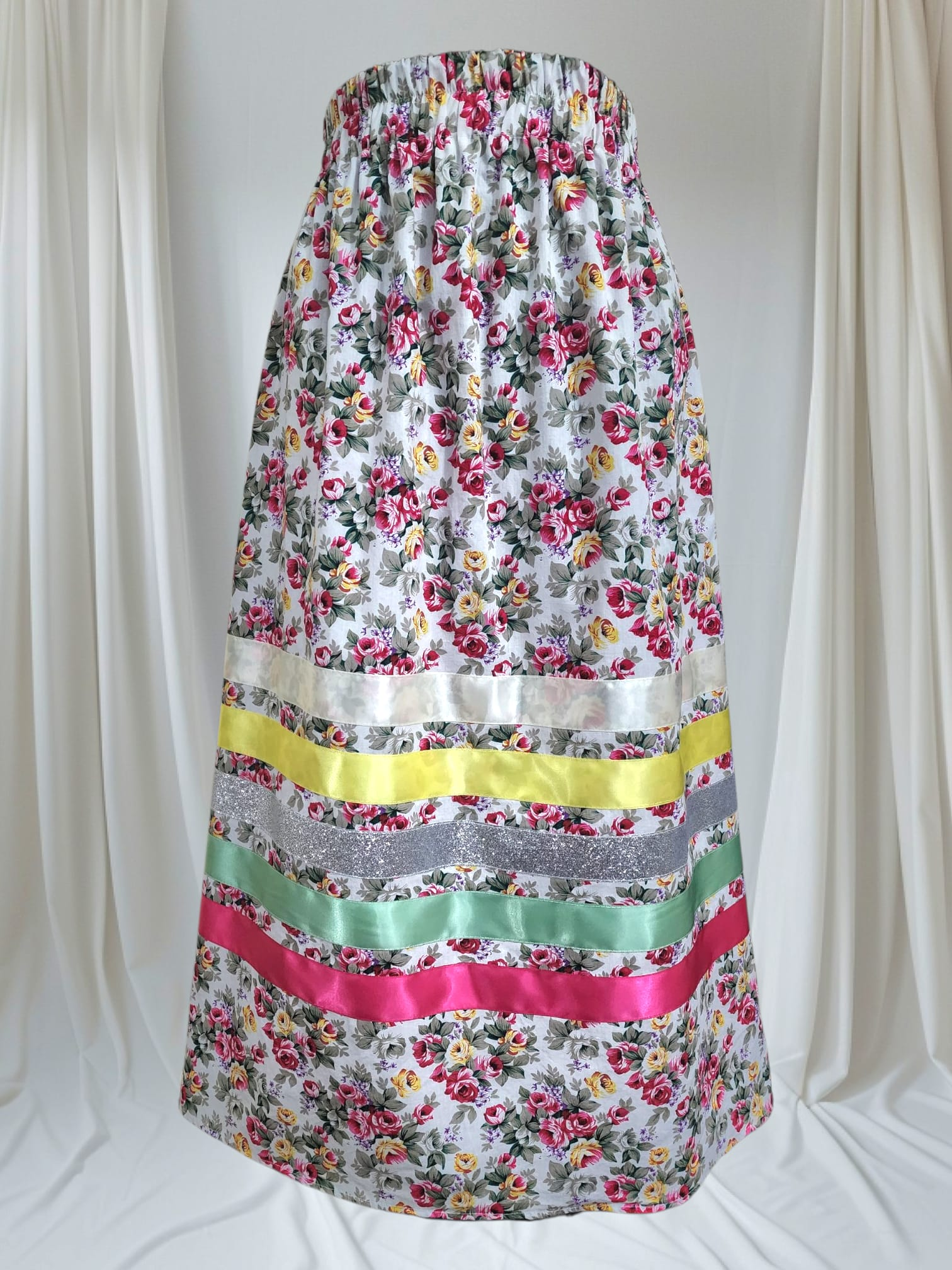 RezRibbons Handmade White Background Pink Floral Ribbon Skirt