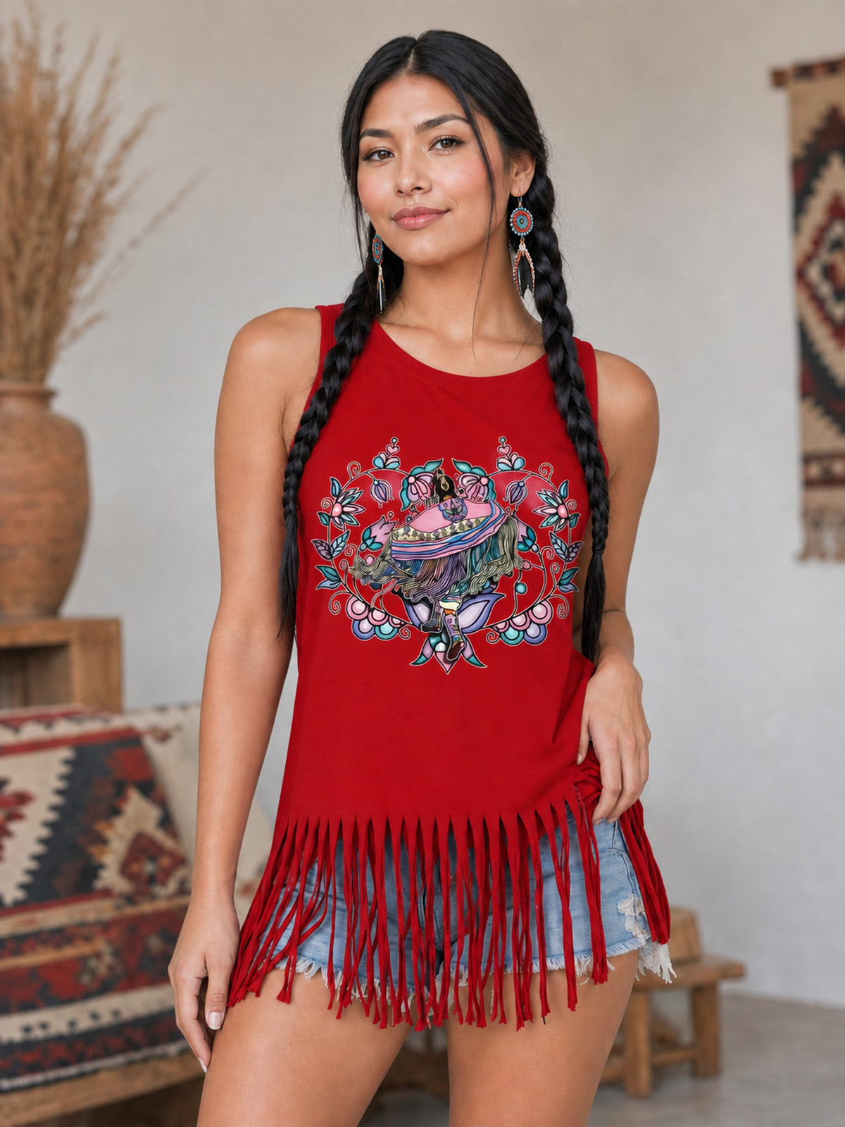 Medium Size Tank Top with Fringe Accent