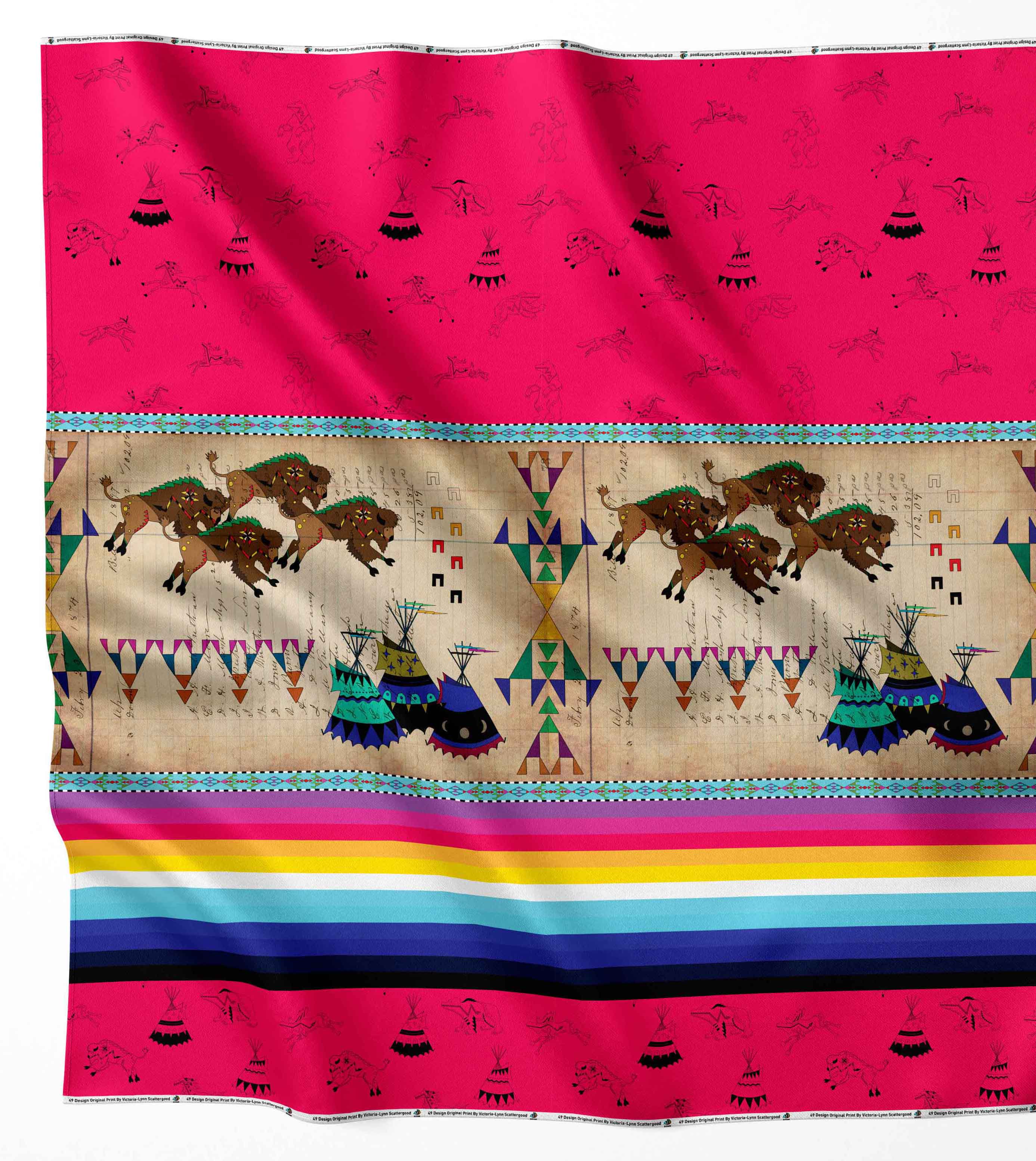 Ledger Buffalos Running Berry Cotton Fabric